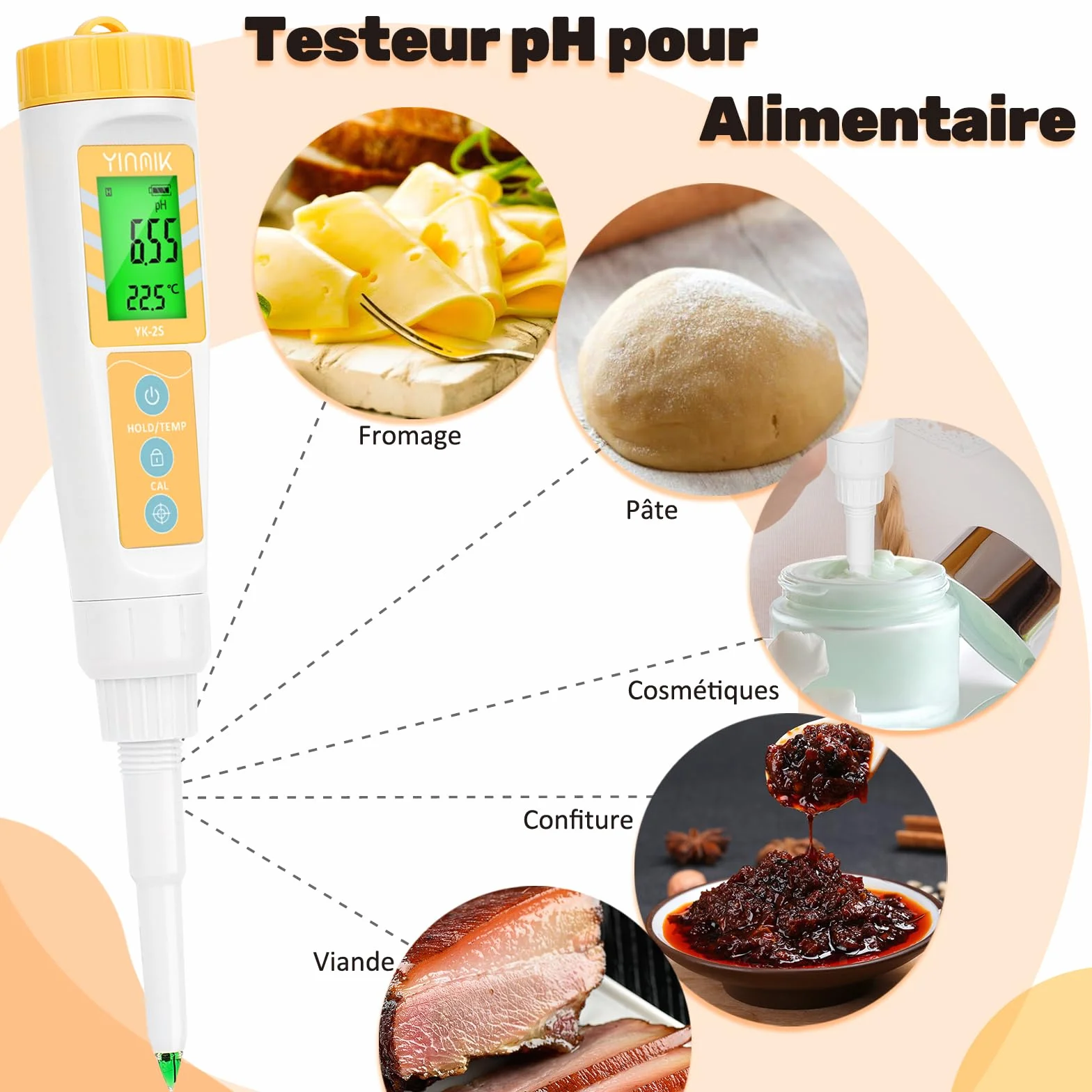 pH Mètre Alimentaire, Testeur de pH pour Pâte à Pain et Levain, pH Mètre Numérique pour Fabrication de Vin Rouge et de Bière, pH-Mètre Étanche pour Viandes, Fromages, Cosmétique, Conserve, Liquide