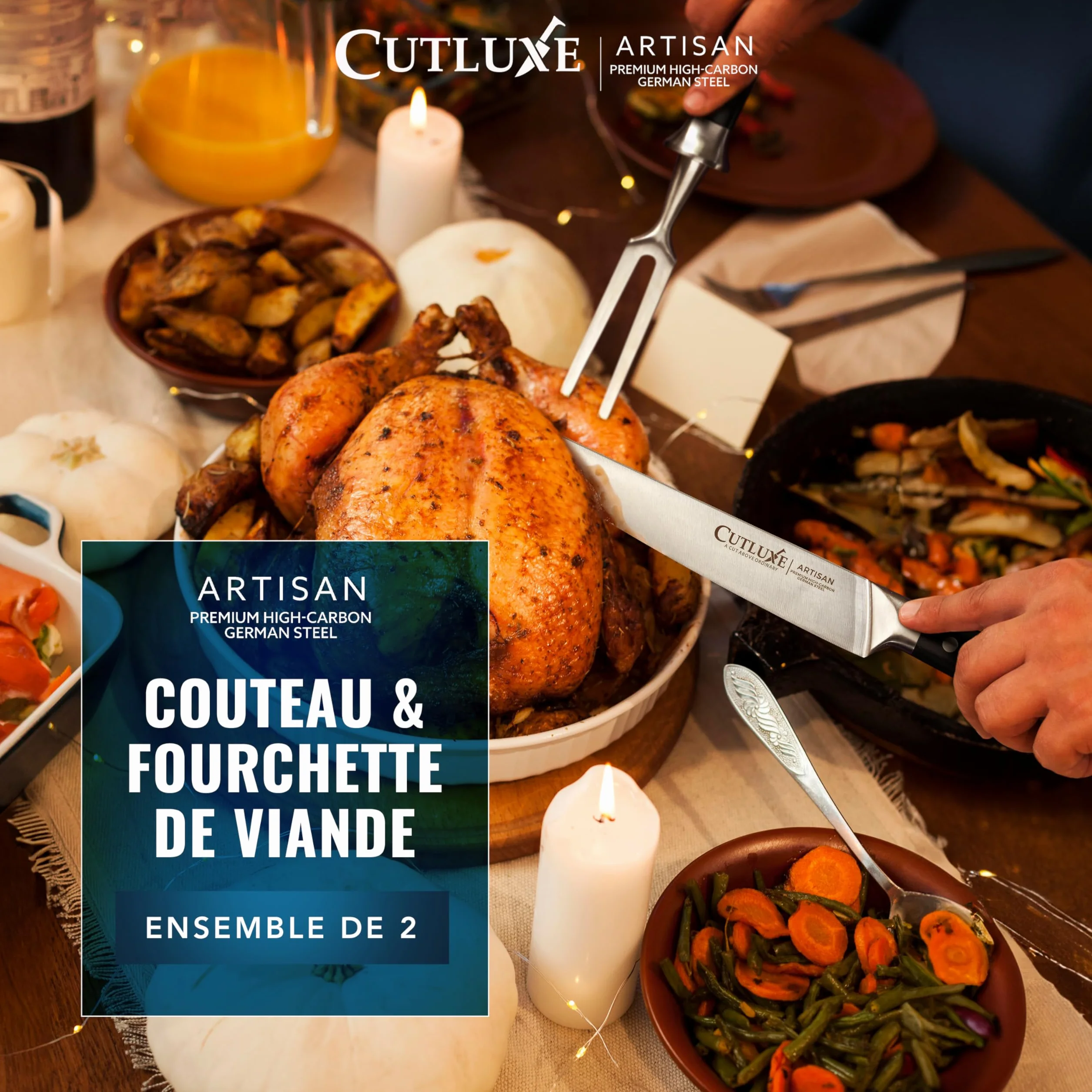 Cutluxe Ensemble de couteaux à découper pour la dinde - Couteau et fourchette pour viande, brisket, BBQ - Lame en acier allemand affûtée - Soie complète, poignée ergonomique - Série Artisan