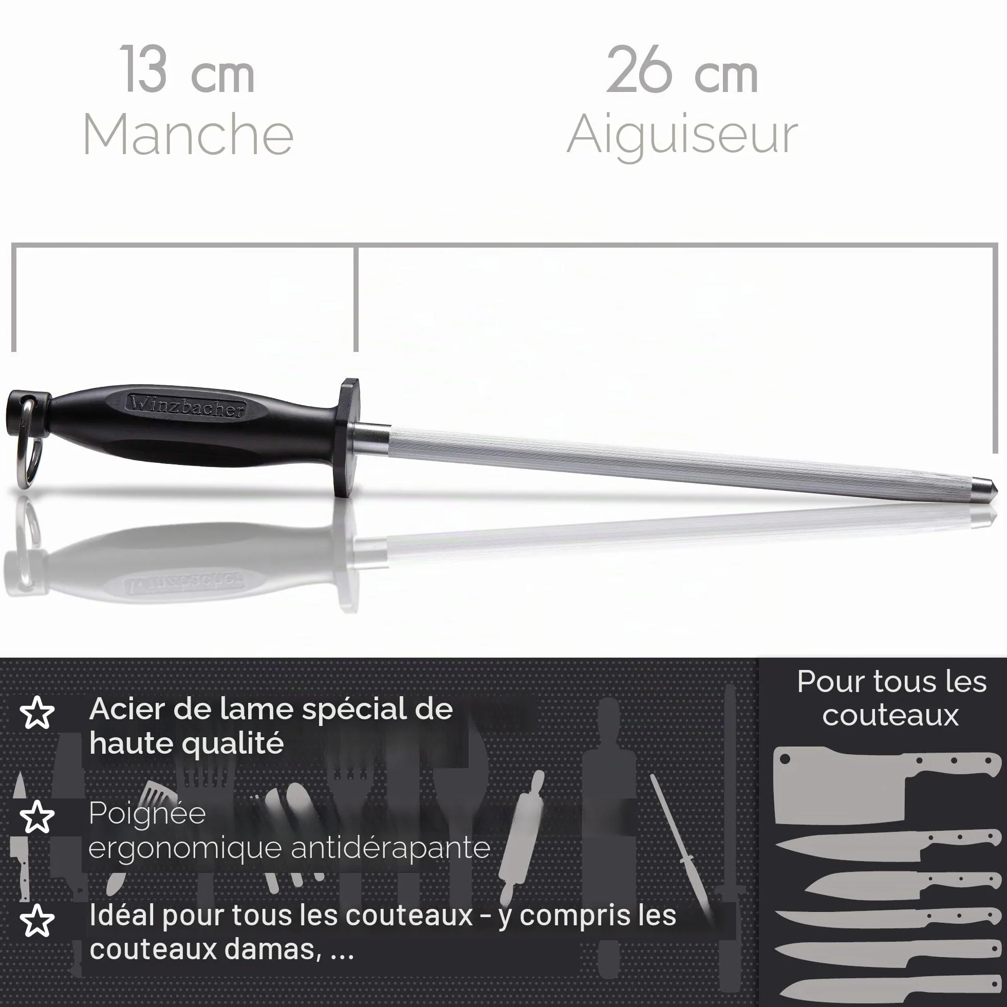 Winzbacher L'ORIGINAL Fusil à Aiguiseur professionnel 39cm acier spécial trempé Aiguiseur de couteaux Poignée ergonomique Soft-Touch Noir