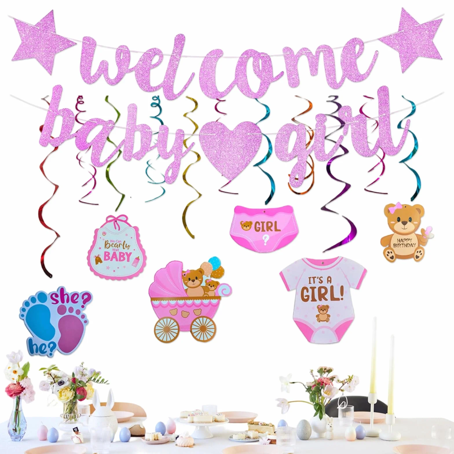 Kit Décoration Baby Shower Fille Bannière Rose Pailletée Spirales Suspendues Accueil Nouveau-né