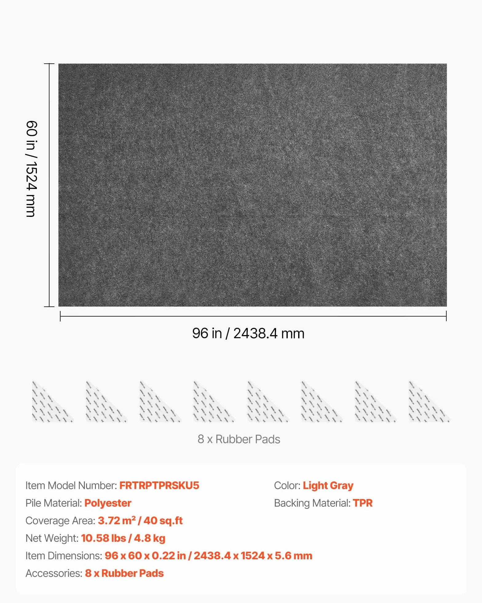 VEVOR Sous Tapis Antidérapant 243,8x152,4 cm Feutre Protection Tapis Glisse Parquet Carrelage Moquette 3,72 m²