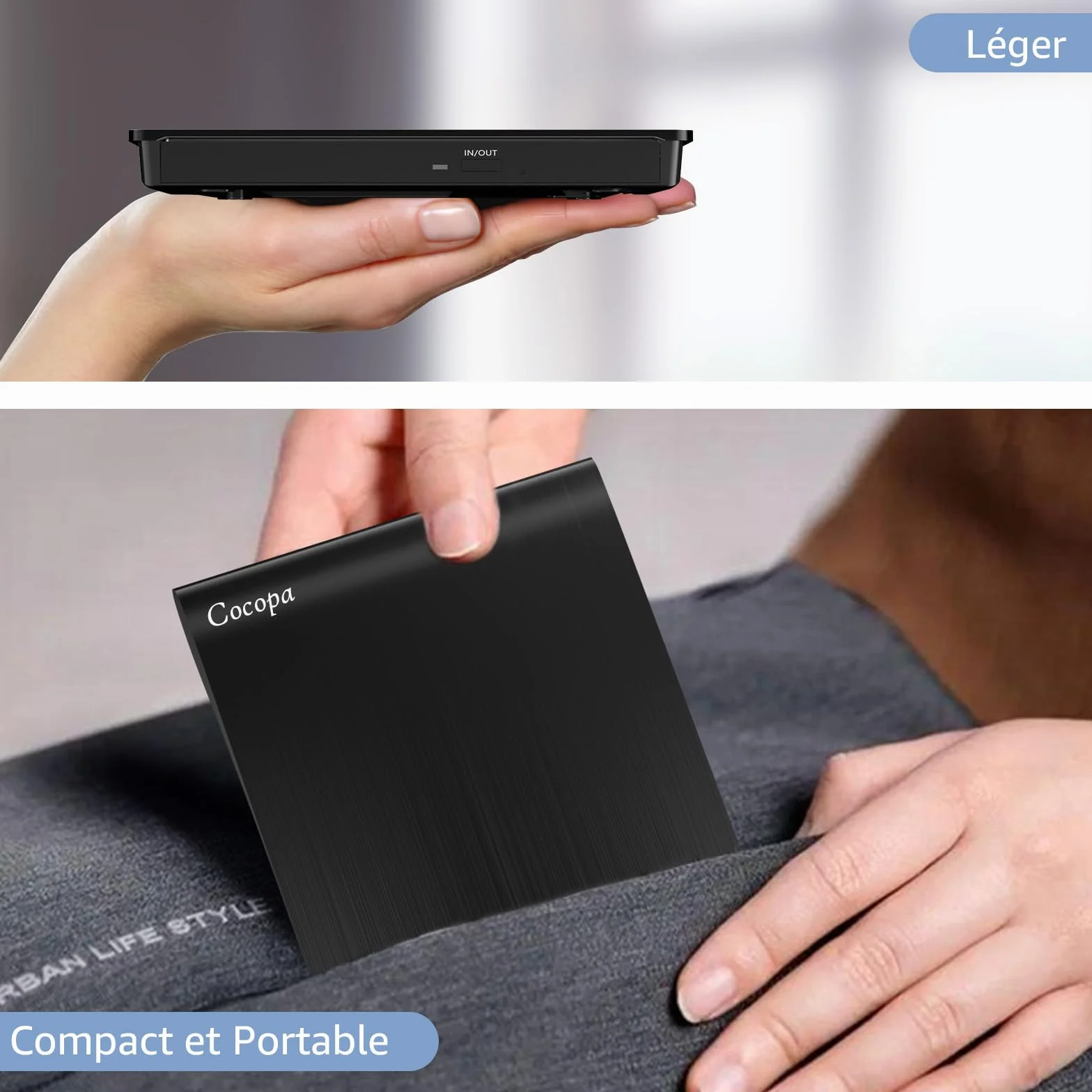 Cocopa Lecteur CD/DVD Externe USB 3.0 Graveur Enregistreur Portable Mince pour PC Mac