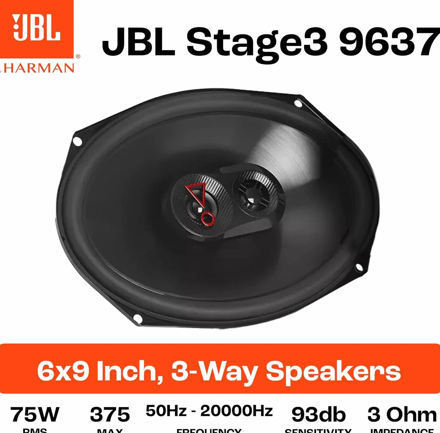 JBL Stage3 9637 3-drożny zestaw głośników samochodowych firmy Harman Kardon – 375 W samochodowy system audio z dużym owalnym głośnikiem niskotonowym JBL 6" x 9" (152 mm x 230 mm)
