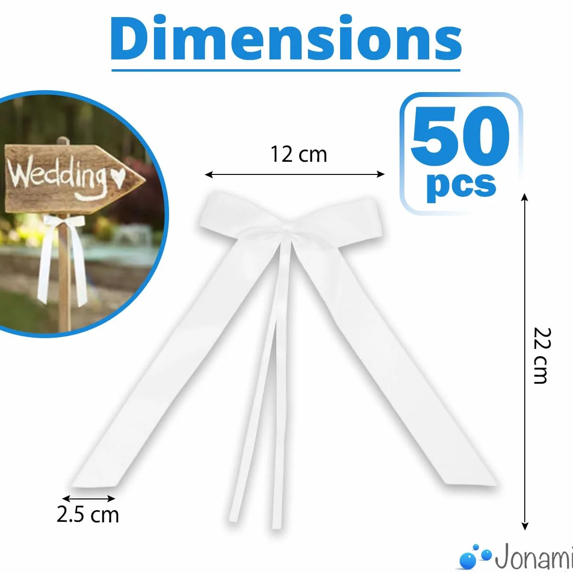 50 Noeuds Voiture Mariage Ruban Satin Noeuds d'Antenne Facile Attacher - Blanc 25x12cm