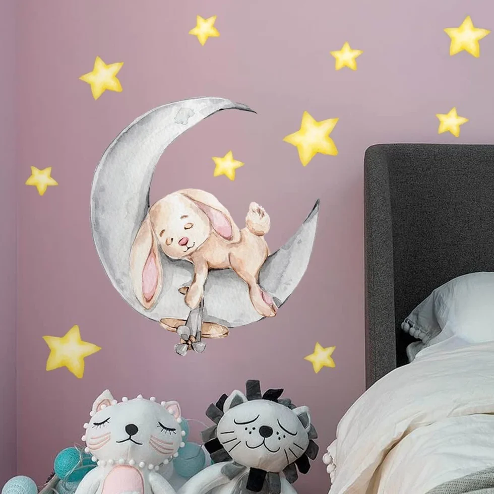 WandSticker4U Stickers Muraux Enfants LAPIN SUR LA LUNE 58x48 cm Autocollants Décoratifs Animaux Forêt Étoiles