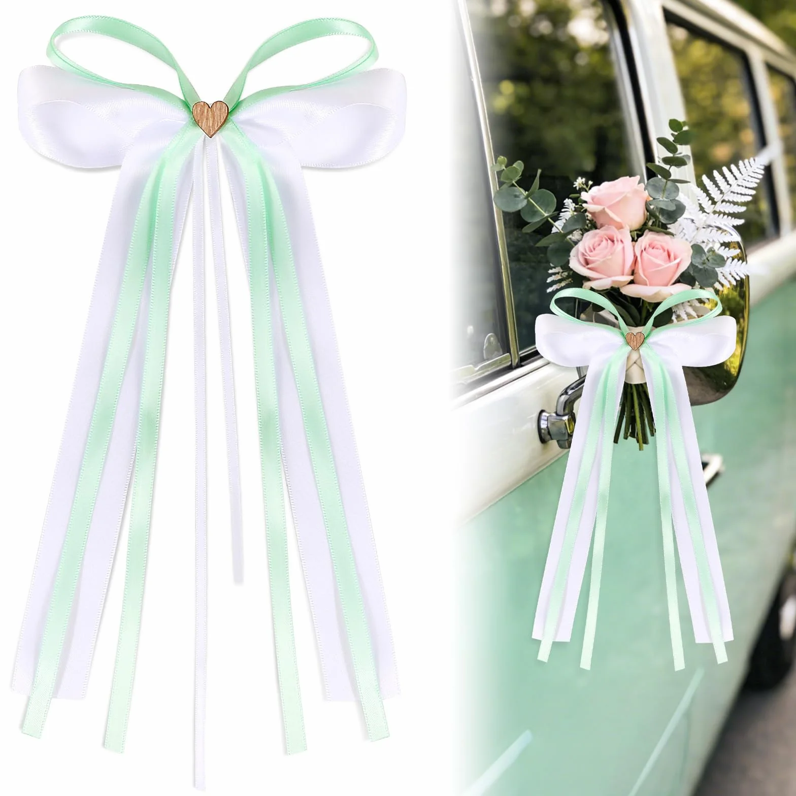 Nœuds Voiture Mariage 23cm Nœud Papillon Blanc Vert Cœurs Ruban Satin Décoration Mariage Voitures Nuptiales Cadeau