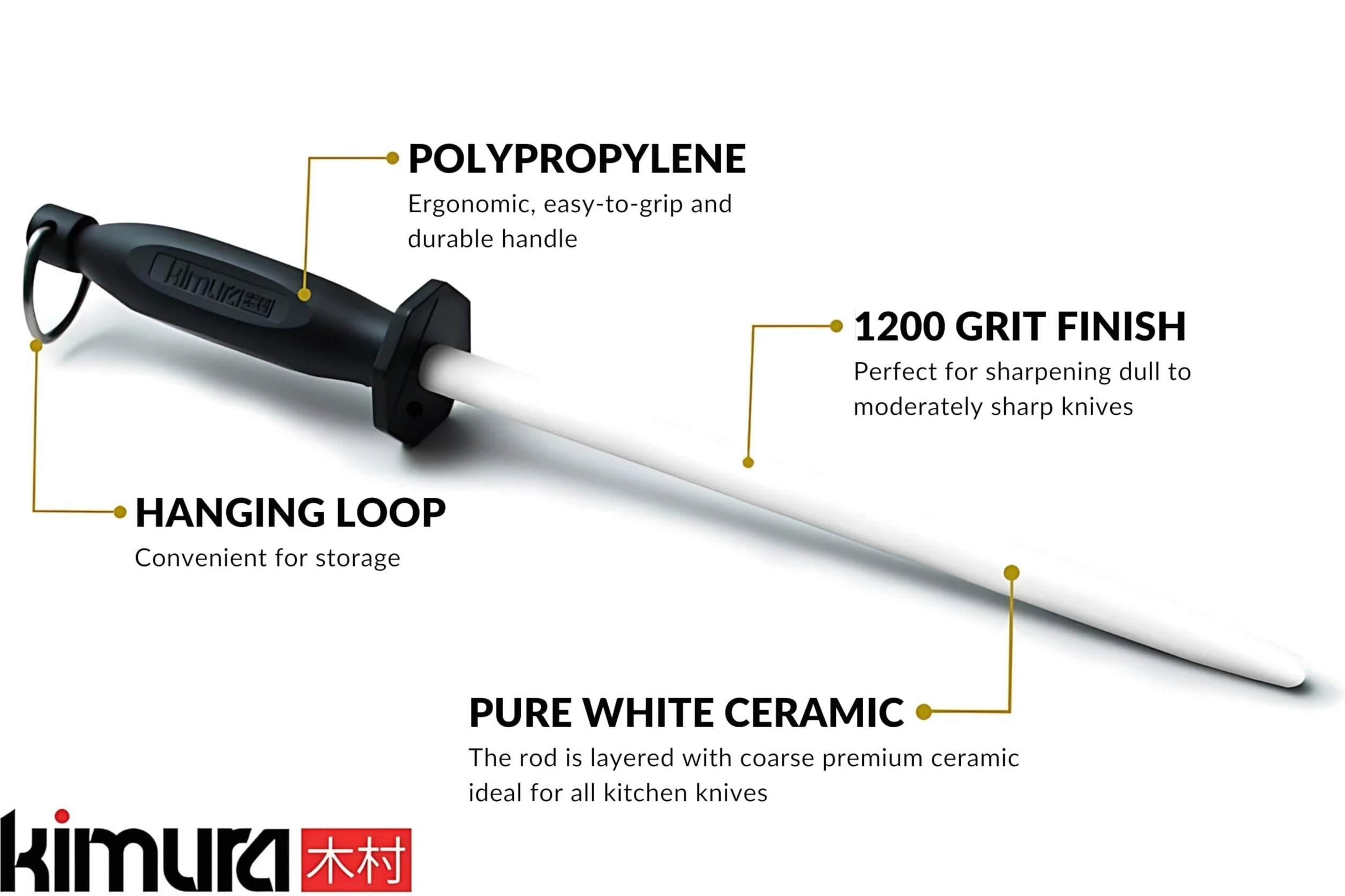 Kimura Tige d'affûtage professionnelle en céramique, acier 25,4 cm, aiguiseur de couteaux, finition grain 1200, poignée ergonomique polypropylène