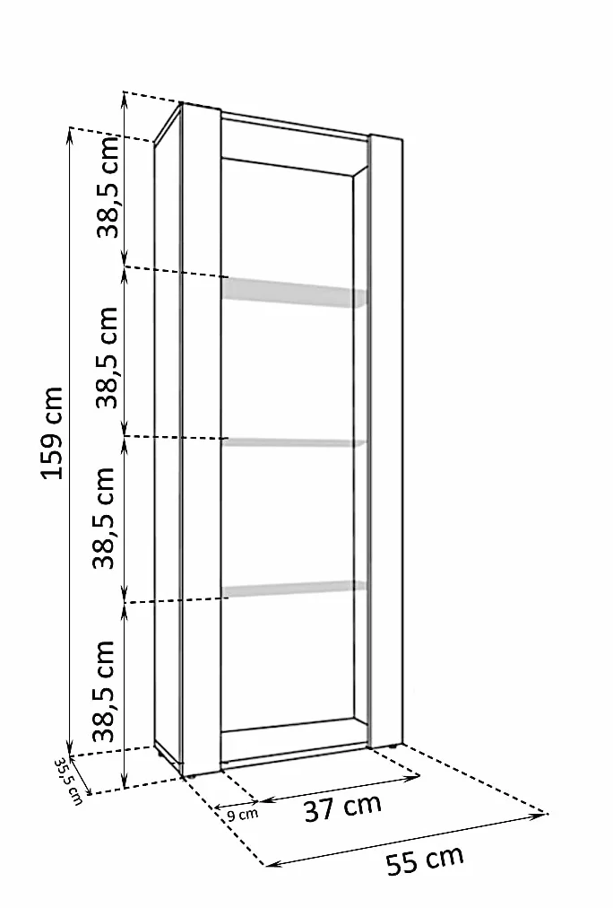 Komodee Vitrine Armoire Tivoli, Noir/Wotan, Largeur 55cm x Hauteur 159cm x Profondeur 35cm, sans LED, 3 étagères en Verre, pour Salon, Chambre, Entrée