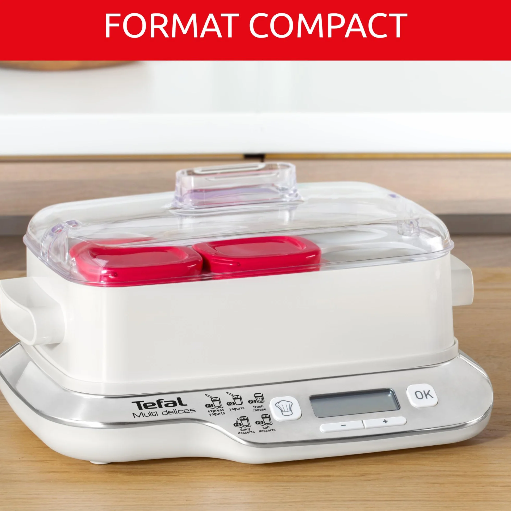 Tefal Multi Delices Express, Yaourtière, 6 Pots, Rouge, Yaourt Maison, 5 Programmes automatiques, desserts lactés, fromages blancs et desserts moelleux, Pots de 140ml, 100% sans BPA, YY5425FB