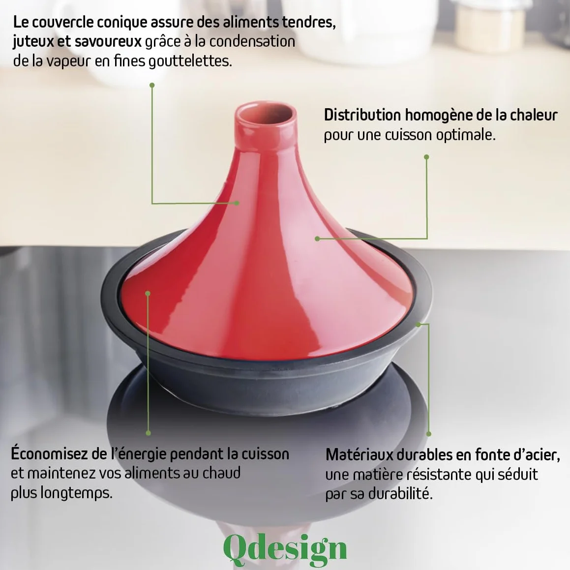 Qdesign - Tajine en fonte Ovale 29 cm - Contenance 2,4 L - Couvercle en céramique - Convient pour Induction - Passe au Four - Rouge