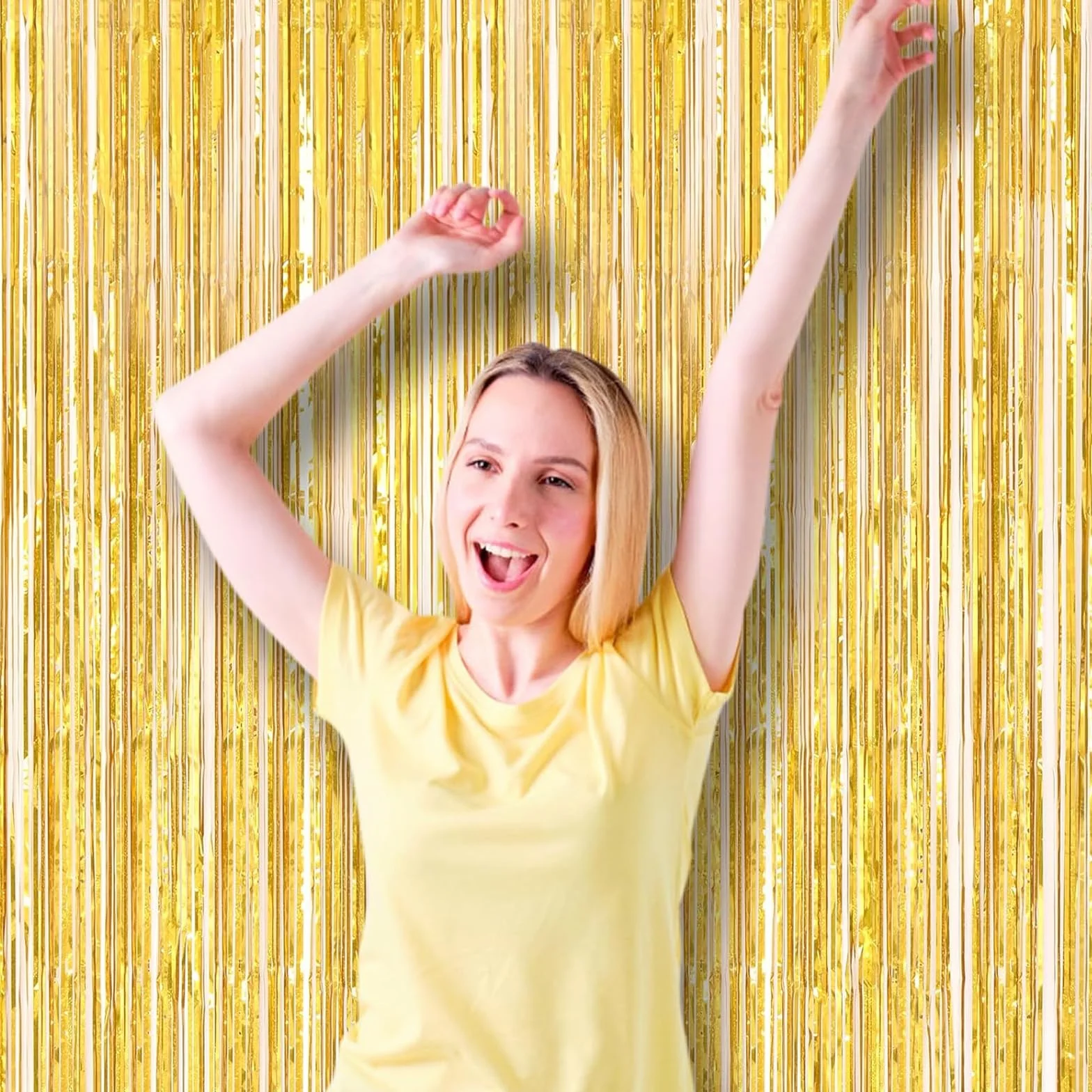 Rideau Frange Anniversaire 3 Pièces 1x3m Décoration Fête Paillette Jaune Doré