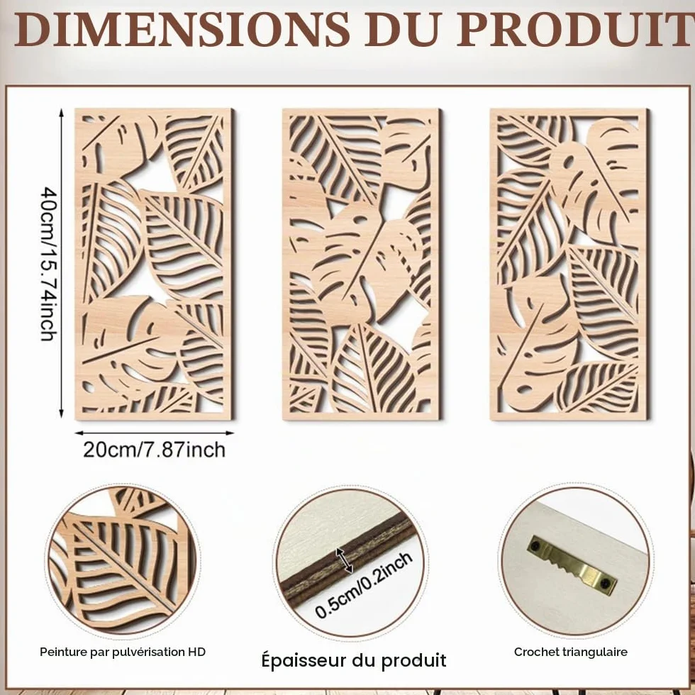 Rongxze Décoration murale bohème 3 motifs feuilles 40 x 20 cm Style naturel
