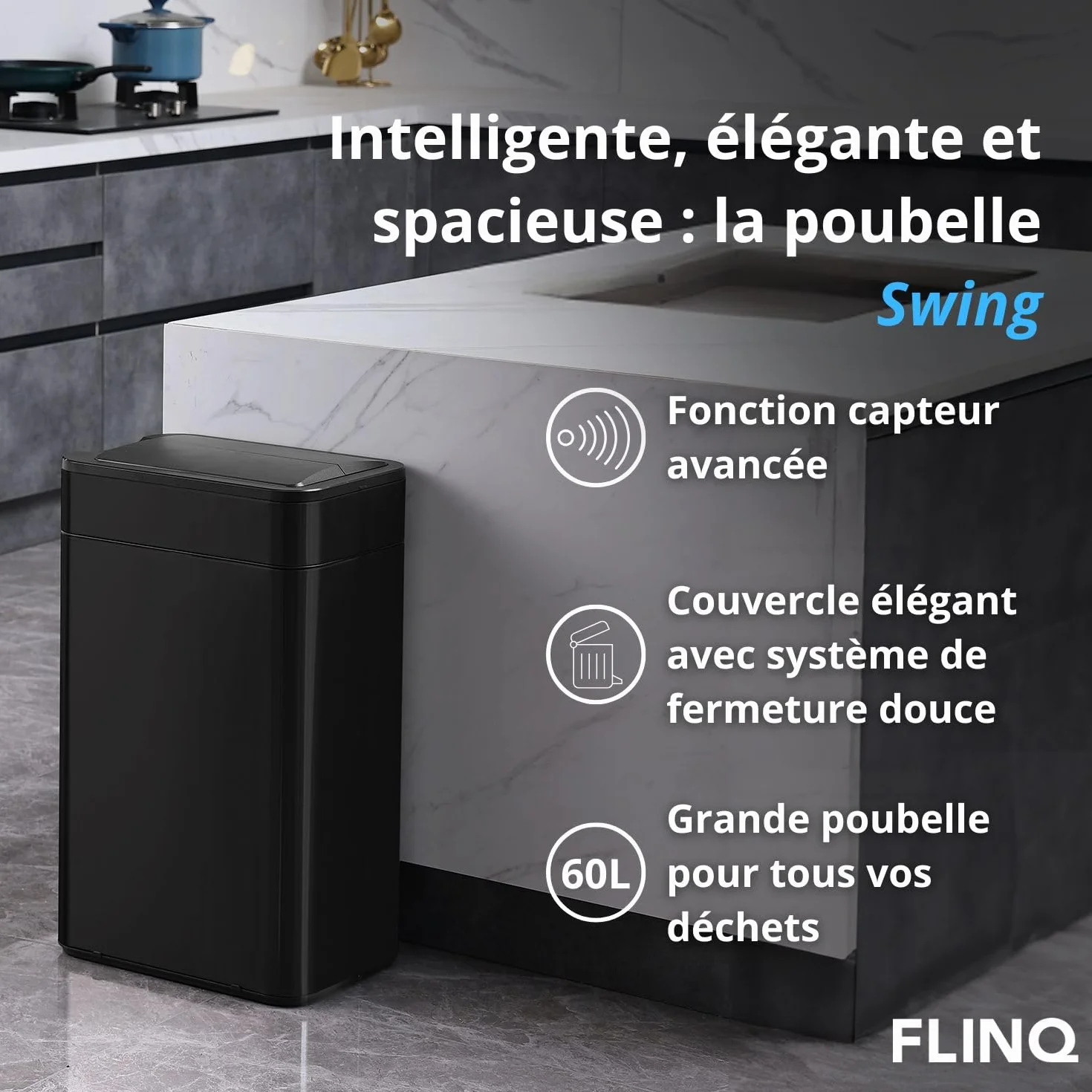FLINQ Poubelle Cuisine 60 Litres Automatique – Poubelle Rectangulaire avec Couvercle Bascule – Grande Capacité pour Cuisine Moderne – Design Inox Élégant - Noir