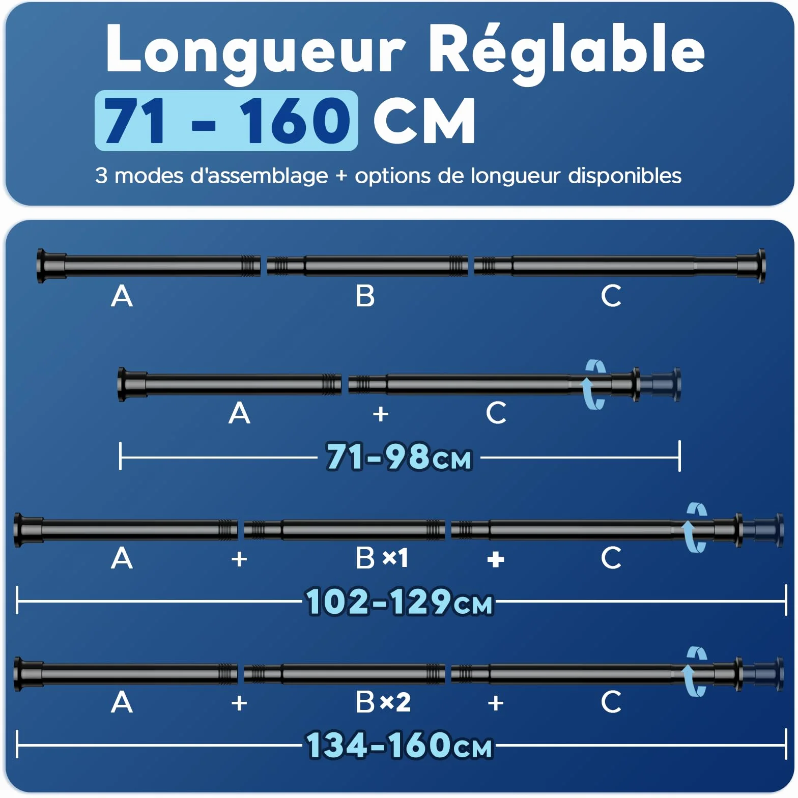 Tringle Rideau Sans Percage Extensible 71-160 cm Diamètre 25 mm Inox Noir pour Salle de Bain Fenêtre Porte Penderie