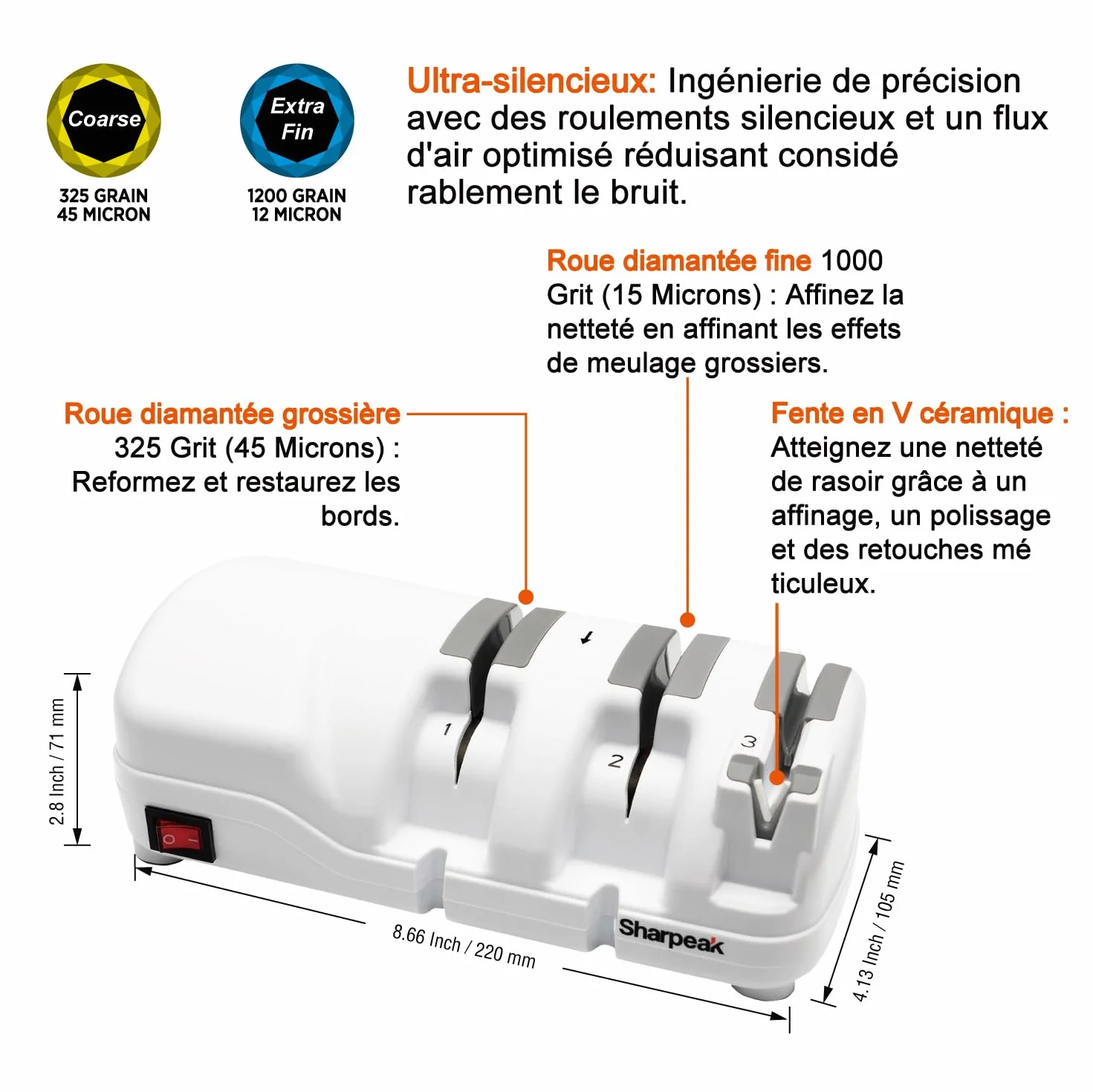 Aiguiseur de couteaux électrique 3 étapes meules diamantées moteur silencieux protection surchauffe affûtage rapide cuisine
