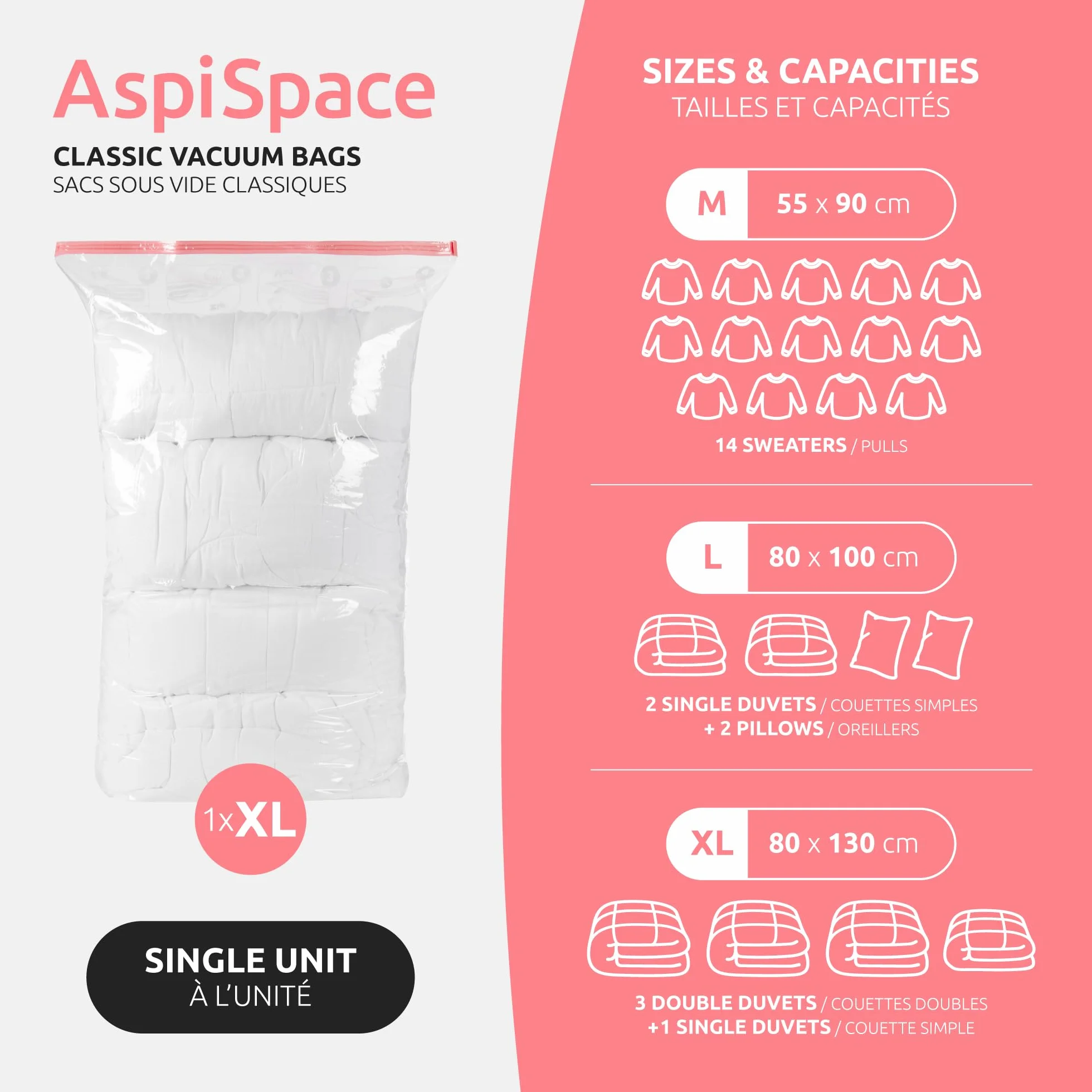 Sac de rangement sous vide XL 130x80 cm pour couettes vêtements avec aspirateur