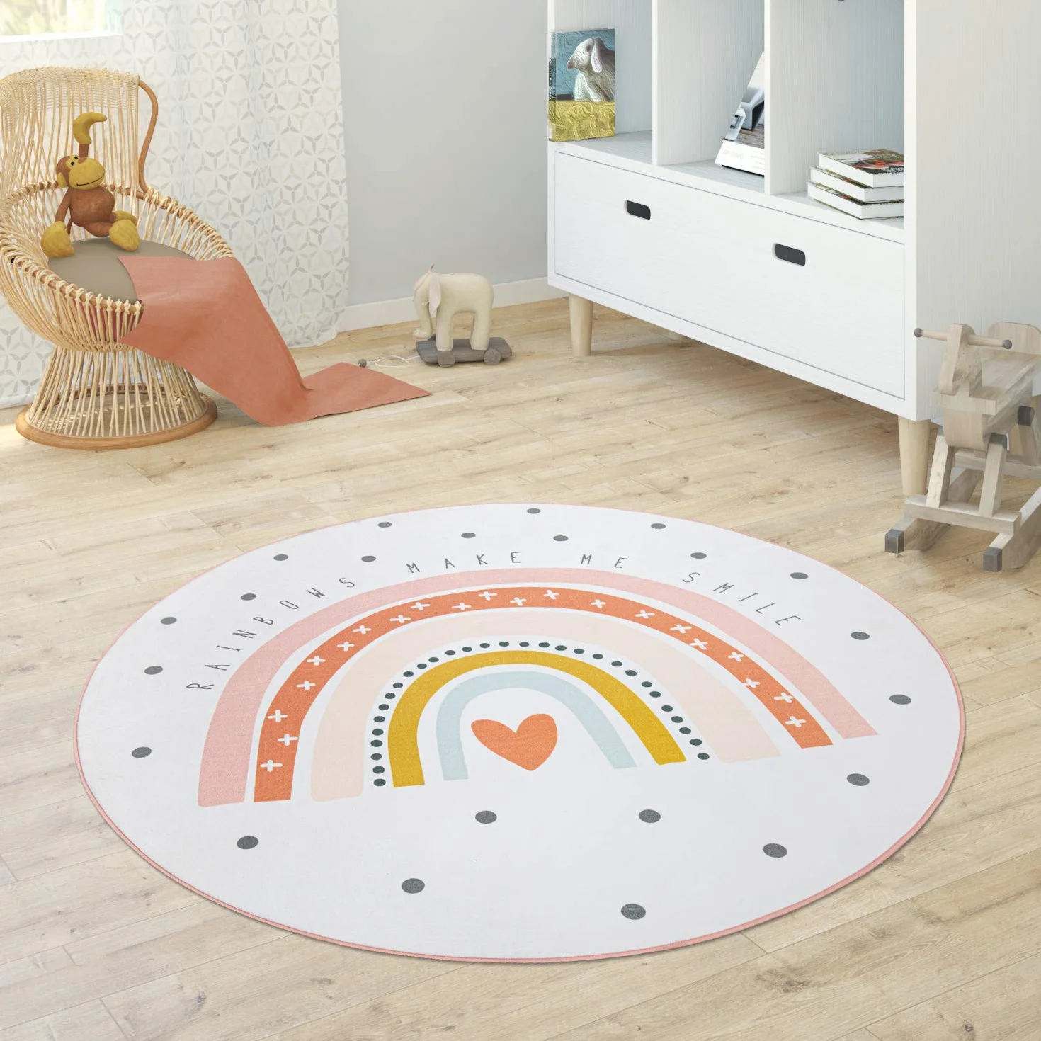 Paco Home Tapis Enfant Rond 120 cm Crème Étoile Éléphant Arc-en-Ciel