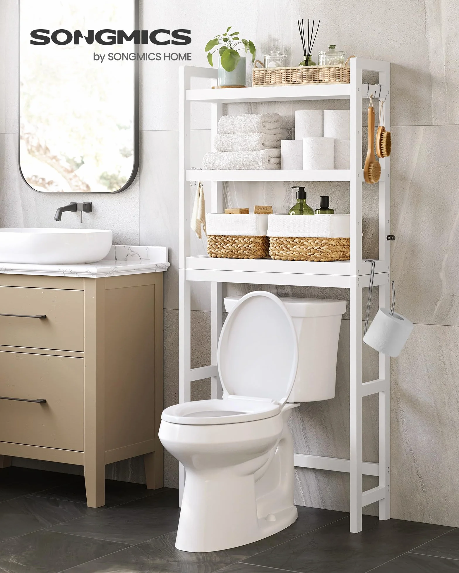 SONGMICS Étagère WC, Rangement au-Dessus des Toilettes, 3 Niveaux, avec Étagère Réglable, Convient à la Plupart des Toilettes, Gain de Place, Montage Facile, Blanc Nuage BTS01WT