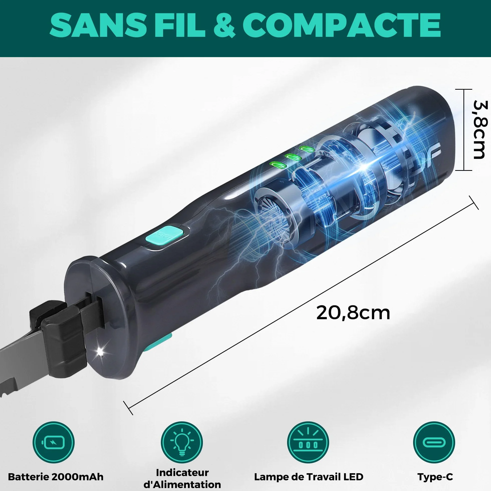 HAUSHOF Couteau à Pain Électrique sans Fil 8V, Lame de 178/203mm et Fourchette, Chargement de Type C, Indicateur d'Alimentation, Lavable au Lave-vaisselle, Couteau de Cuisine pour Viande, Pain, Gris