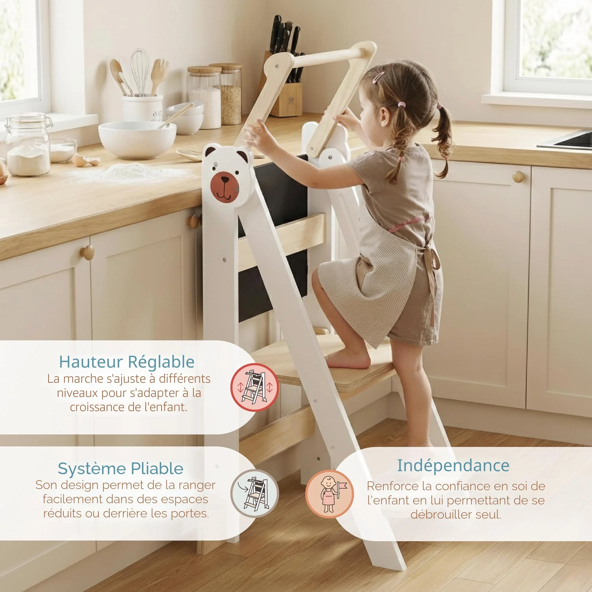 Buddy Baby Xplora - Tour d'apprentissage et tour d'aide dans la cuisine avec tableau - 3 en 1 - Pliable et avec 2 hauteurs - Marches pour enfants avec montage facile