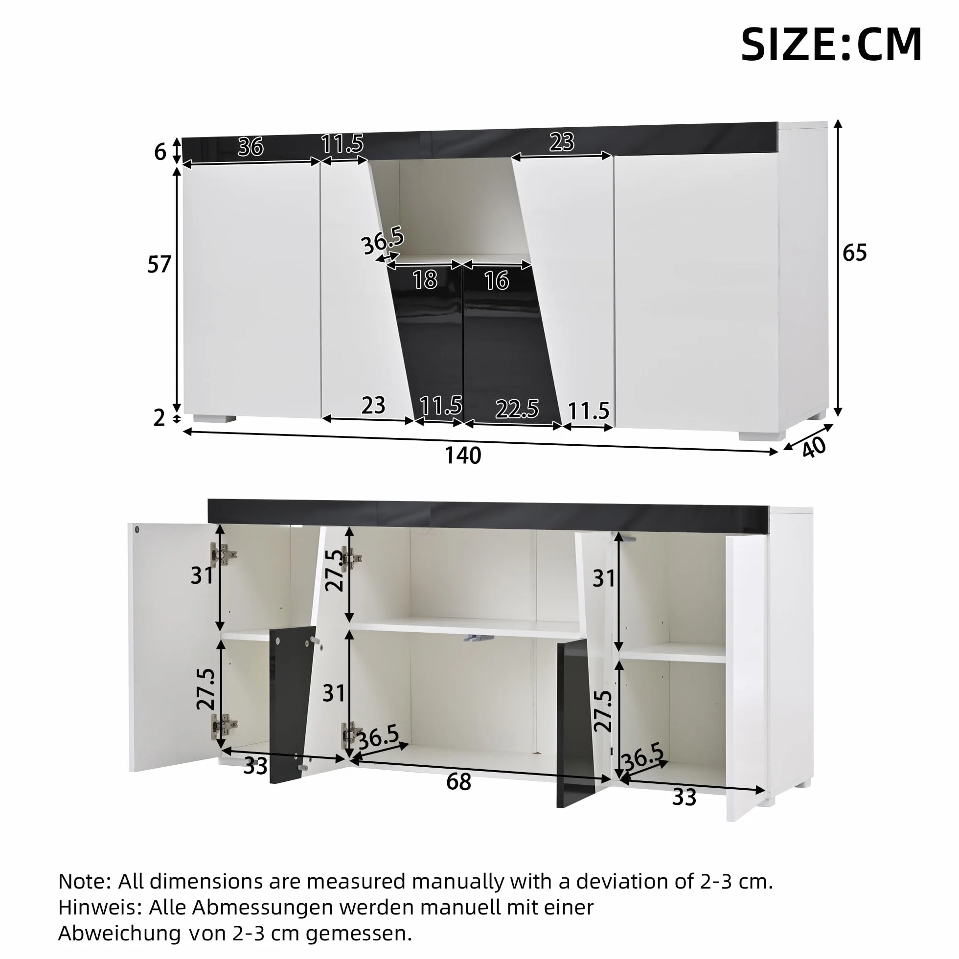 OKMYHOME Ensemble Meuble TV et Buffet avec LED Finition Haute Brillance 180 cm + 140 cm Blanc Noir