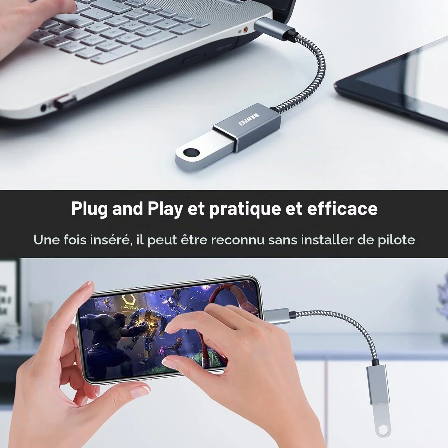 BENFEI Adaptateur USB C vers USB 3.0 Pack de 2, Type-C vers USB, Aluminium, Nylon, Compatible iPhone 16/15 MacBook Samsung Galaxy S8/S9, Gris