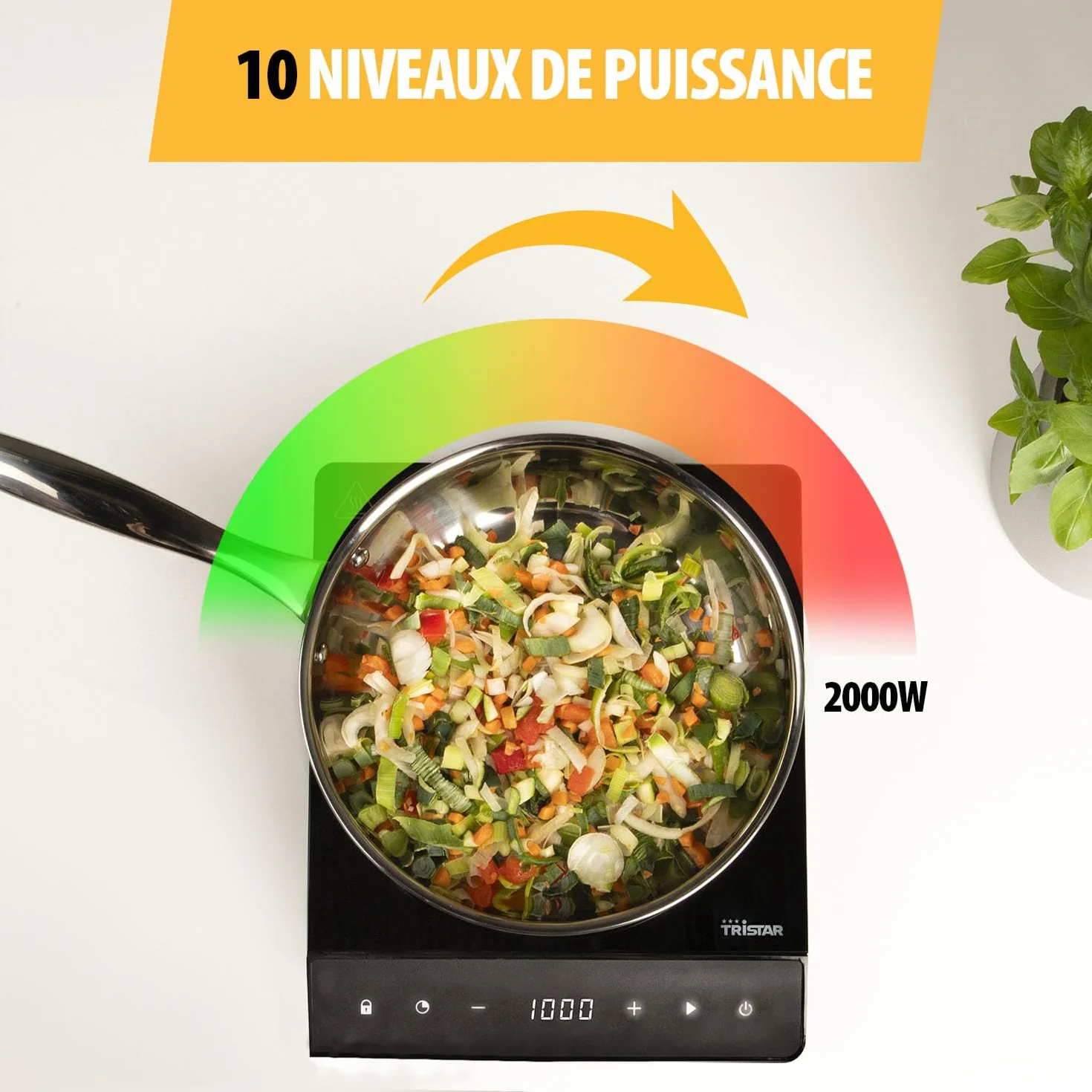 Tristar Plaque à induction, ⌀19 cm, 10 niveaux de puissance, 2000 W, Basse consommation, Minuterie intégrée, avec protection contre la surchauffe, IK-6161