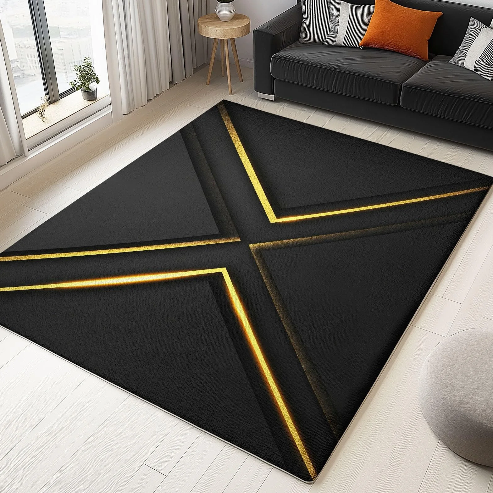 Tapis Salon Chambre Adulte Poil Court Antidérapant Lavable Noir Or 60 x 110 cm