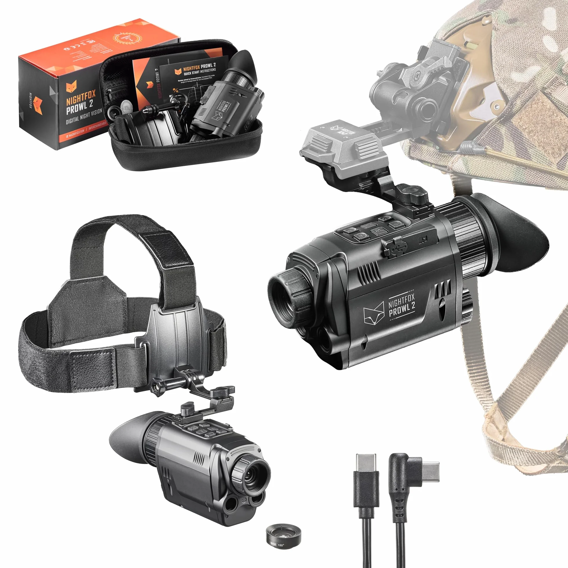 Night Vision Monocular - Nightfox Prowl, HD Recording, 32GB, 1x Magnification, Head Mounted, 54° Wide FOV, Dual IR 850 & 940nm, Airsoft NVG for Helmet