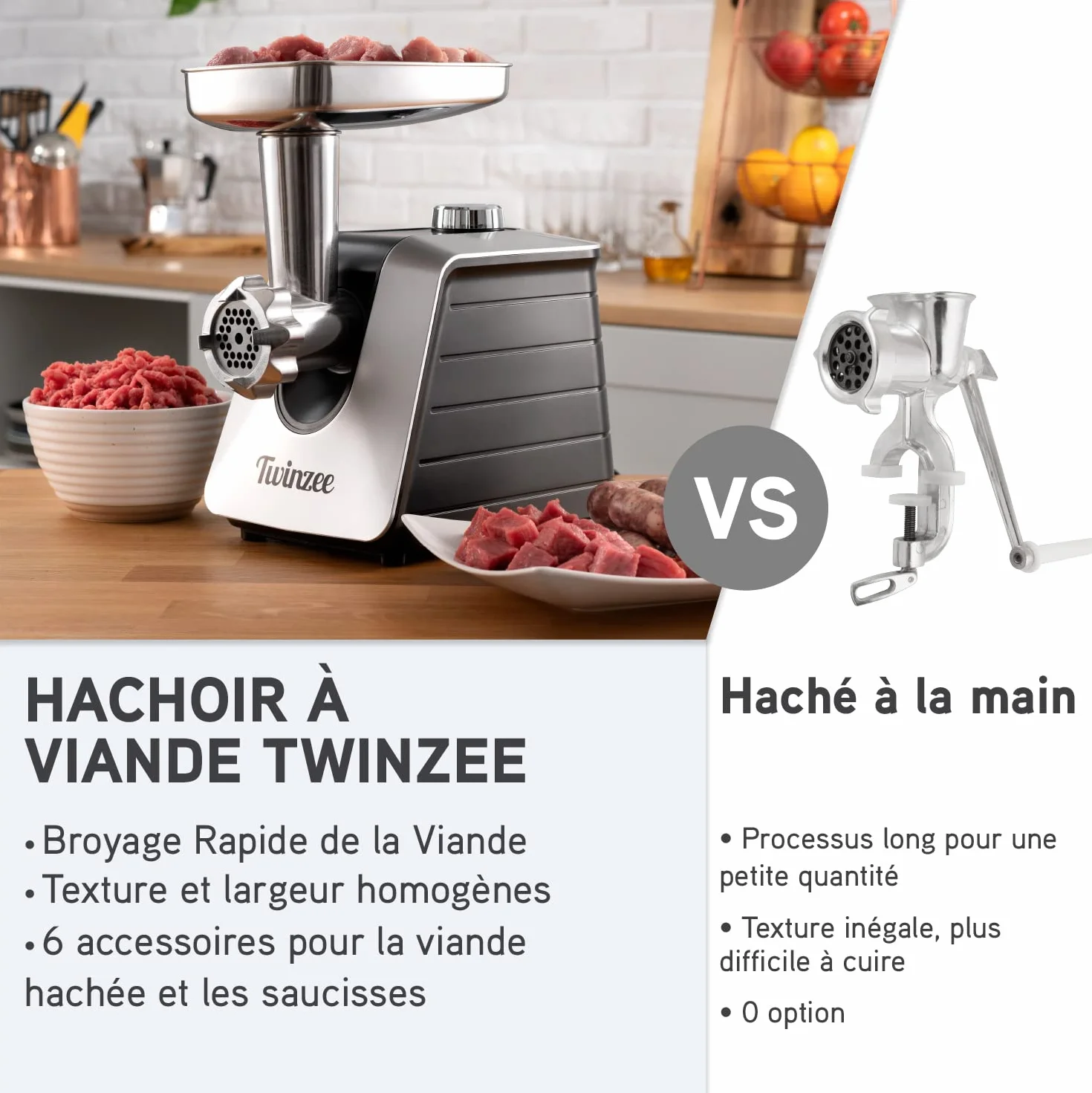 Twinzee Hachoir à Viande Électrique (Noir) - Hachoir Électrique Polyvalent avec 3 Plaques de Coupe en Métal et 3 Embouts à Saucisses, 1500W Max