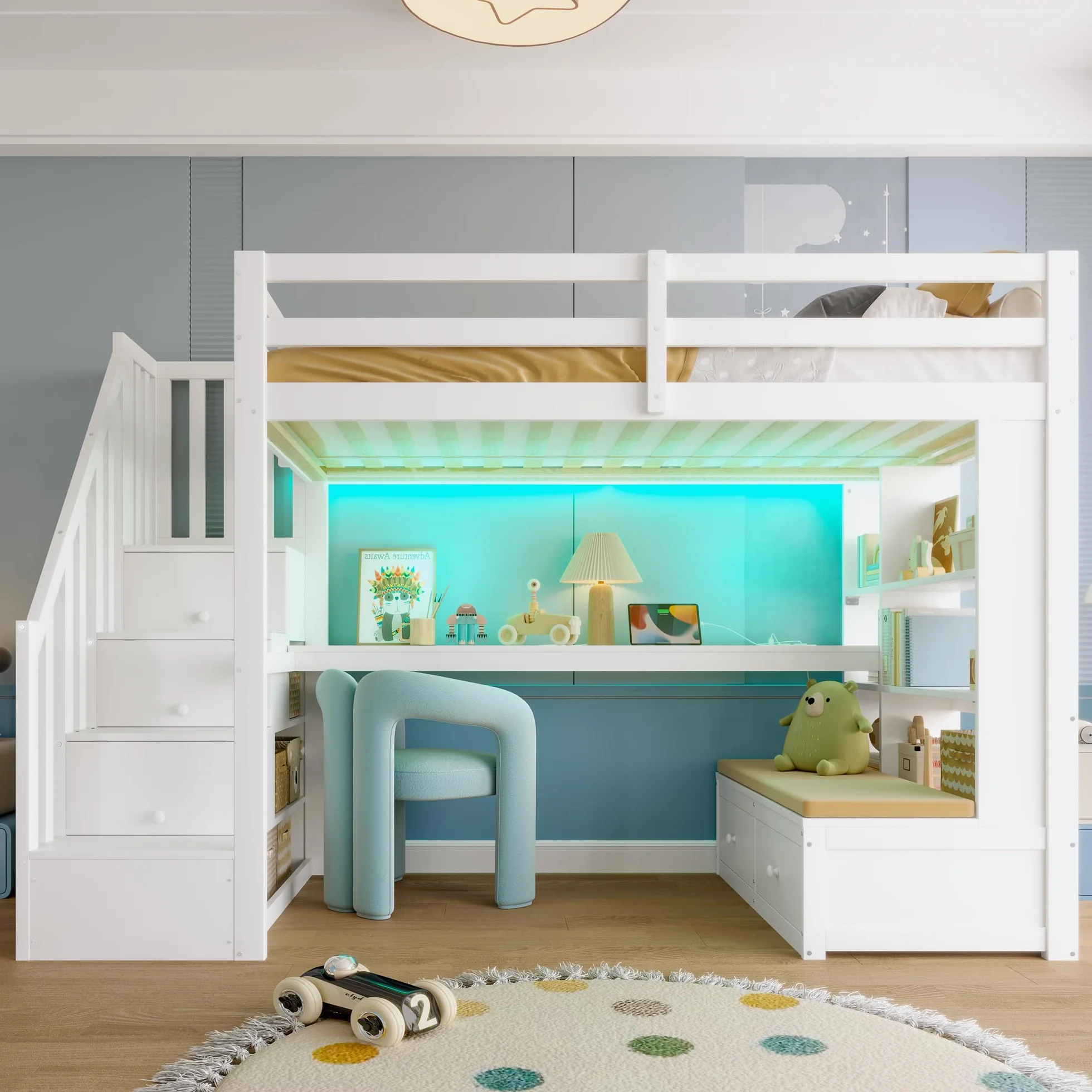 Sapgaks Lit Superposé Enfant 90x200 avec Bureau et étagères, Lit Cabane Enfants 90x200 avec Escalier de Rangement et 2 Tiroirs Intégrés, Lit Mezzanine 1 Place avec Barriere en Bois, Blanc