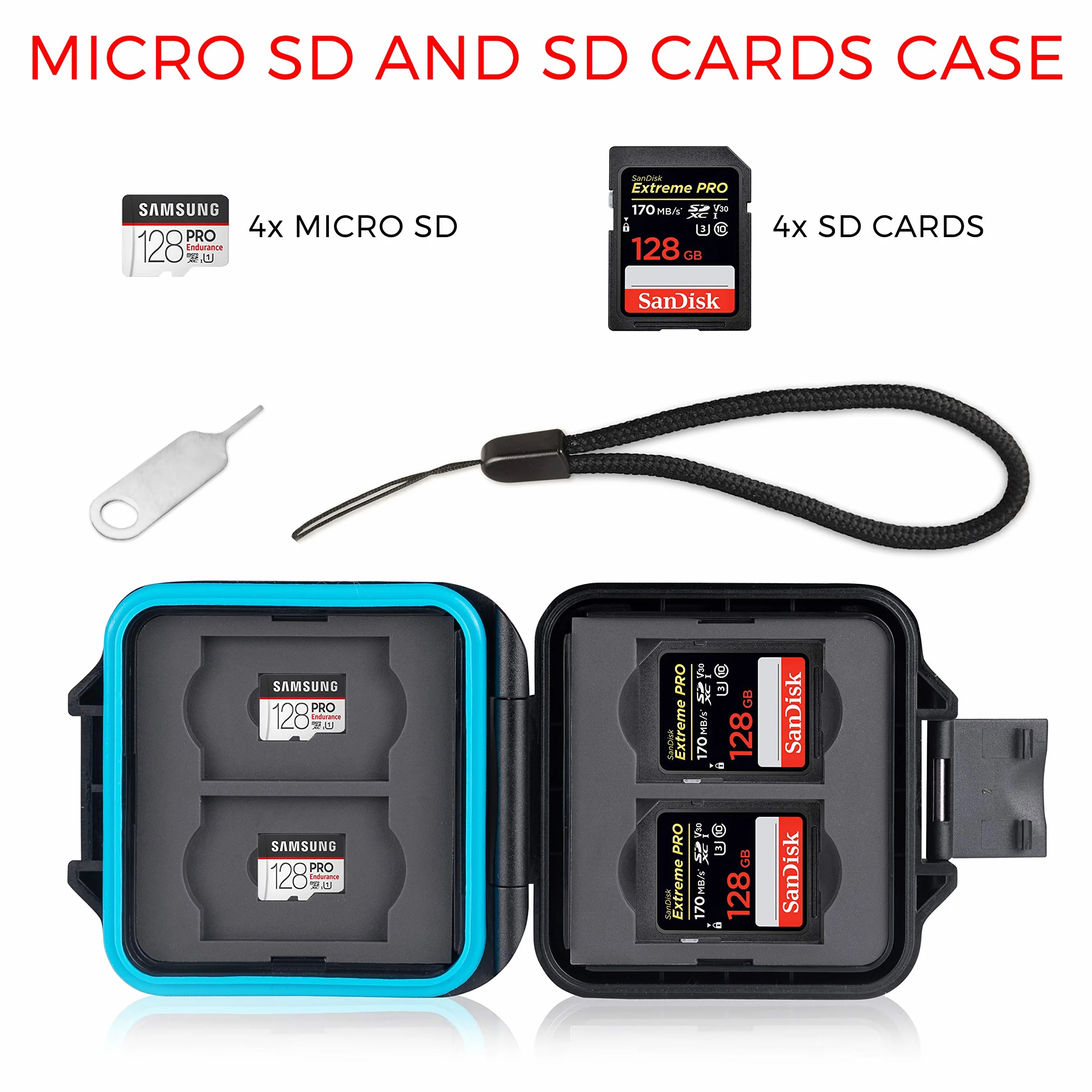Etui ochronne na karty pamięci • Etui na karty pamięci • Etui na 4 karty SD i 4 karty Micro SD i Sim • Zawiera sznurek do przenoszenia i igłę do karty SIM