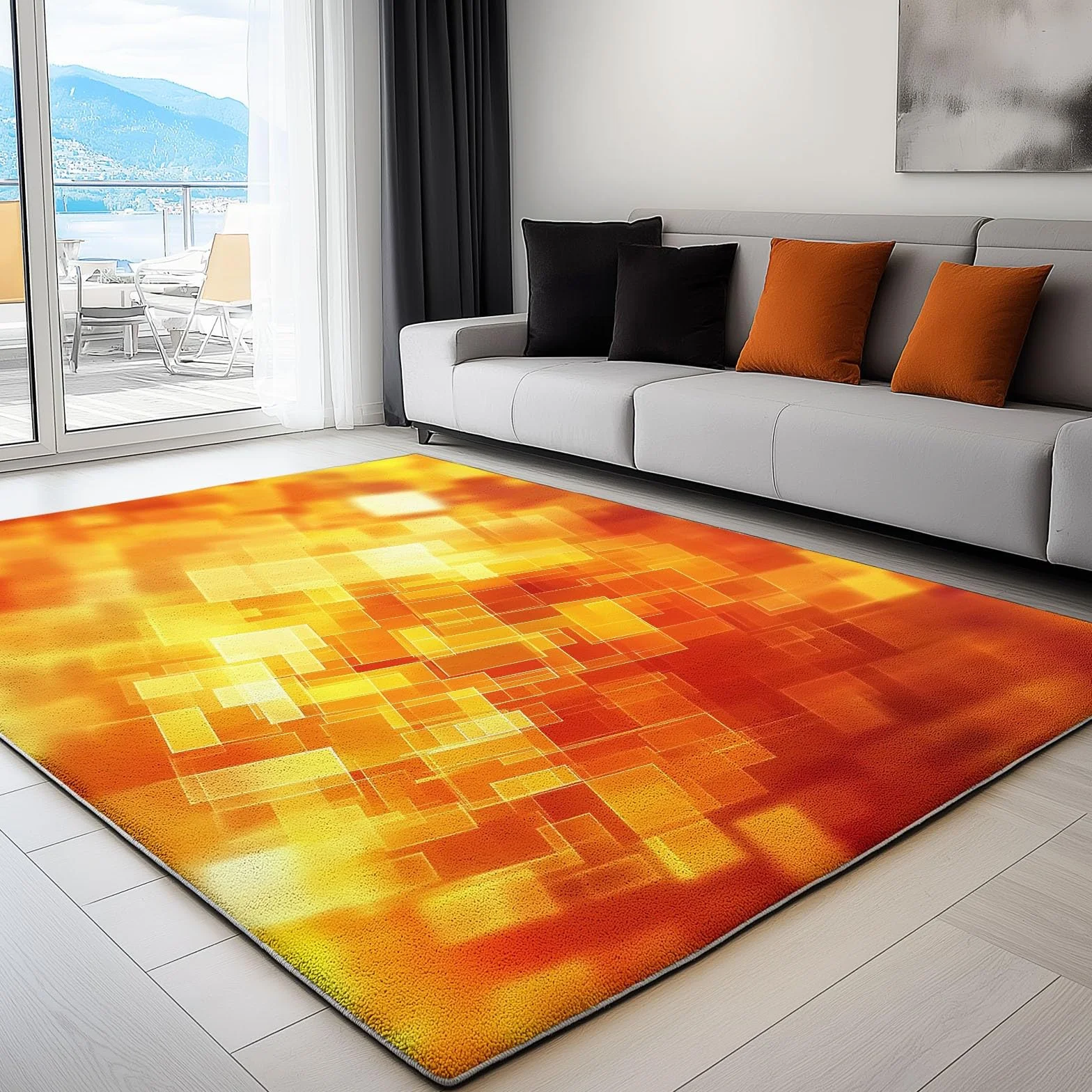 Tapis Poil Ras de Salon Carrés Abstraits Design Lavable, Tapis Antidérapant dans Différentes Tailles, pour Salon Chambre Salle à Manger 160 x 230 cm, Orange Jaune