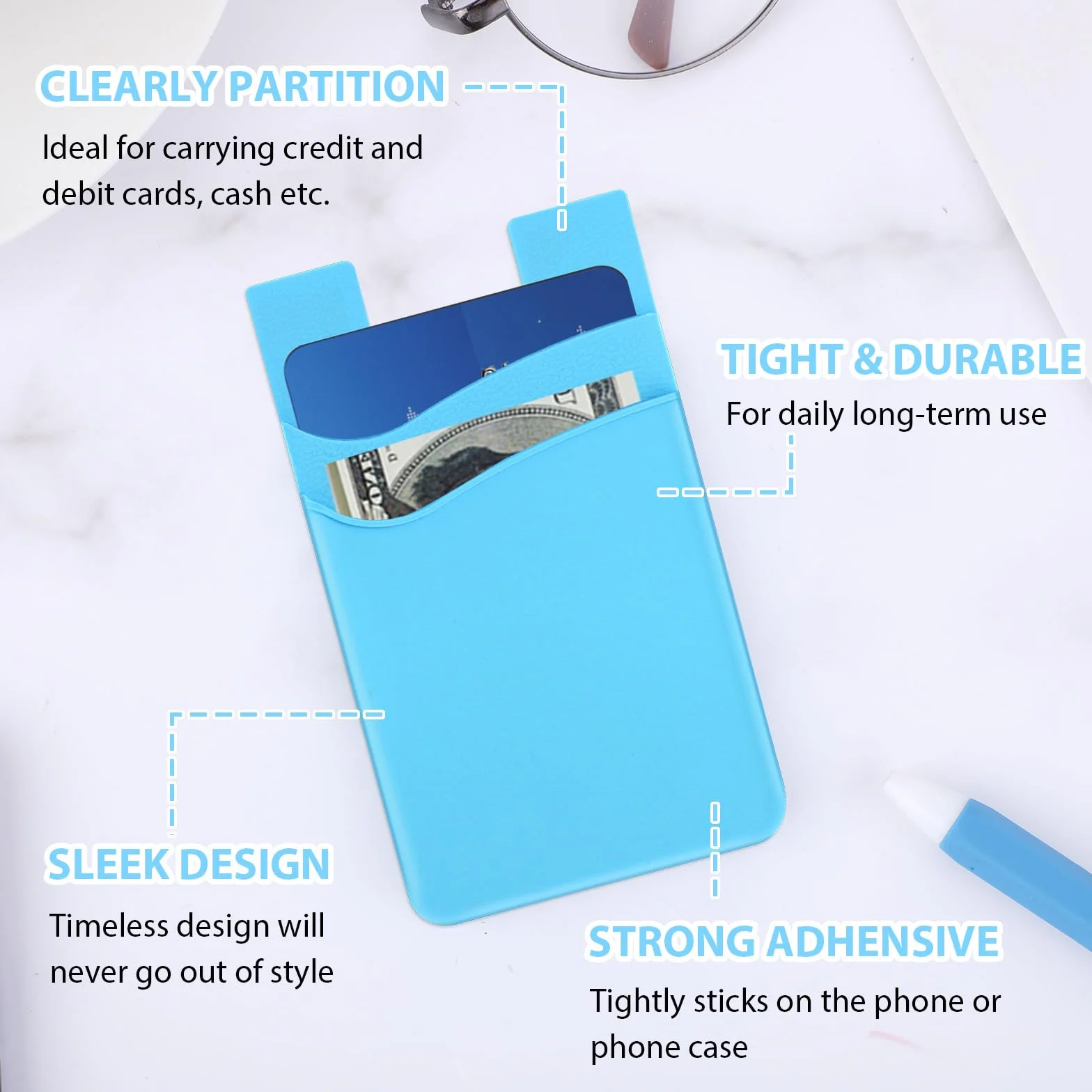 Andibro 5-pak etui na karty do etui na telefon, silikonowy portfel na telefon, samoprzylepny portfel na telefon komórkowy, samoprzylepne etui na karty kredytowe, wytrzymałe, z podwójną kieszenią,