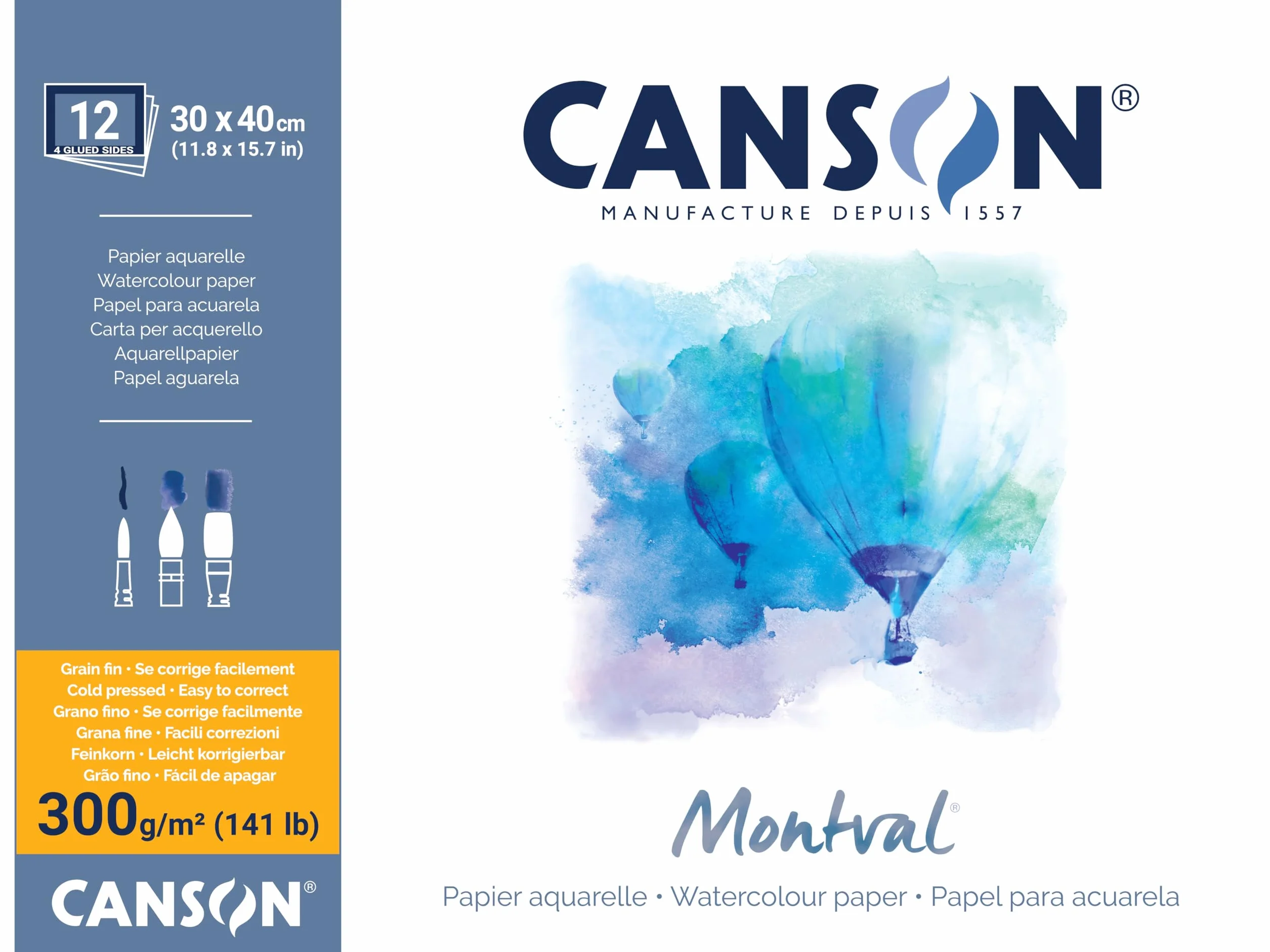 CANSON Montval Bloc 12 feuilles papier aquarelle Grain fin 30 x 40 cm 300g/m²