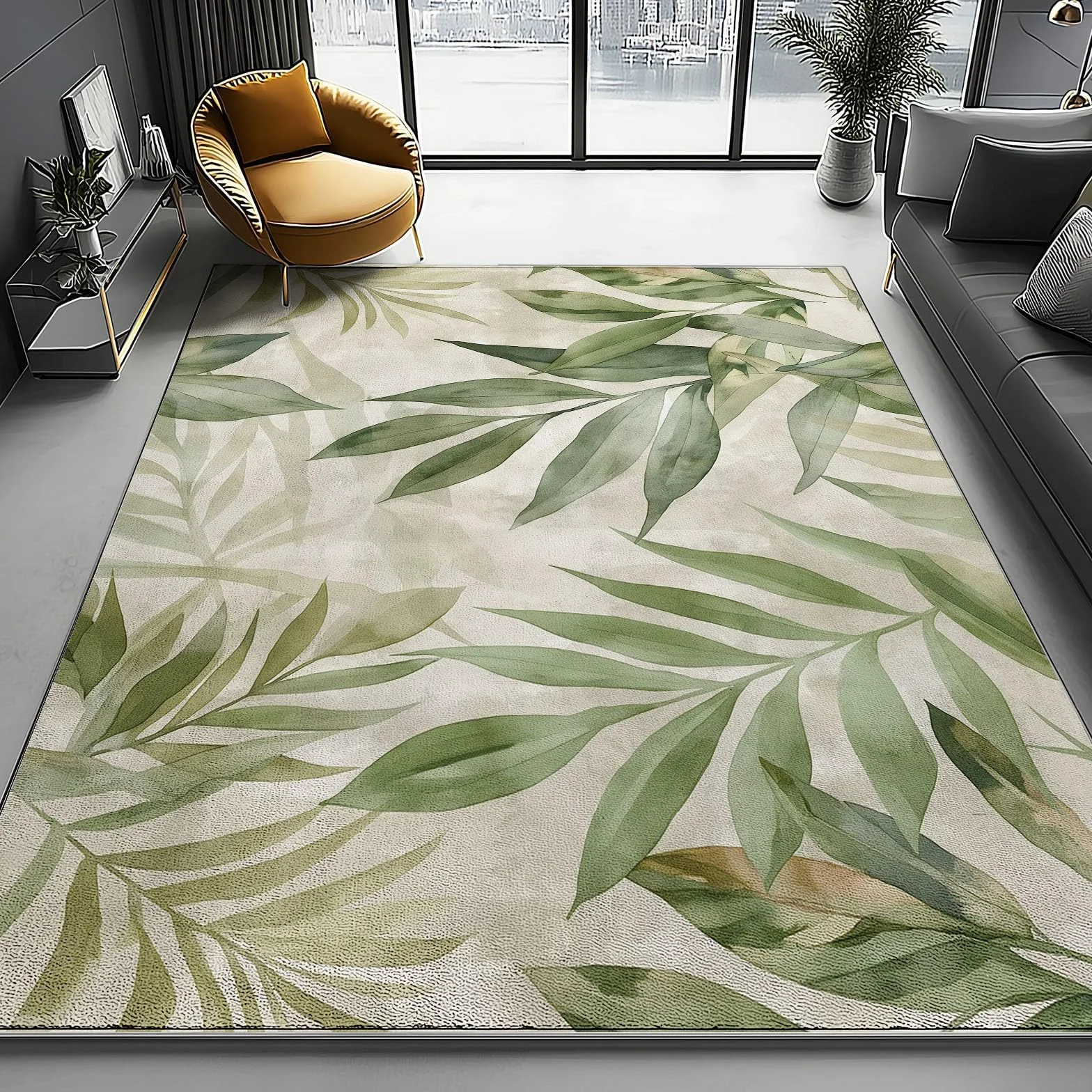 Tapis Lavable en Machine Motif Feuilles Tropicales À L'Aquarelle 120 x 180 cm Vert Clair pour Salon Chambre