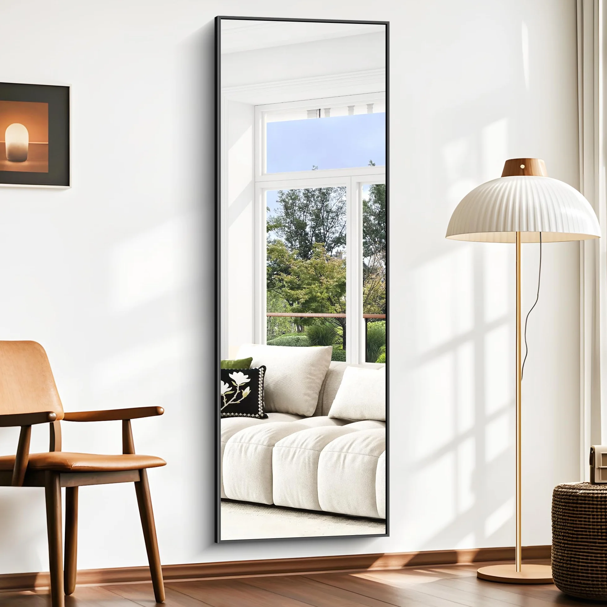 BONEWEI Miroir Pleine Longueur 161 x 52 cm Cadre Aluminium Noir Grand Miroir Mural Rectangulaire Penché Suspendu