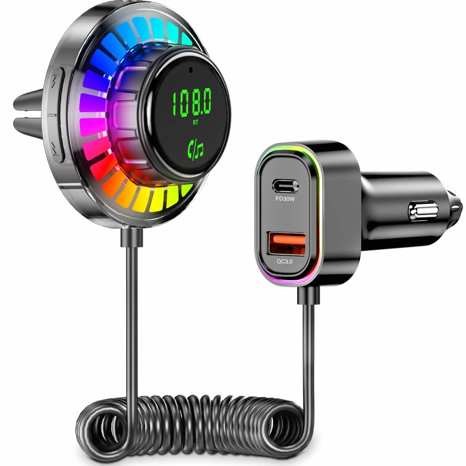 Adapter Bluetooth samochodowy transmiter FM ze światłem RGB – zestaw głośnomówiący Bluetooth 5.3, PD30W USB-C i QC3.0, ładowarka samochodowa, adapter Bluetooth do iPhone Android radio samochodowe