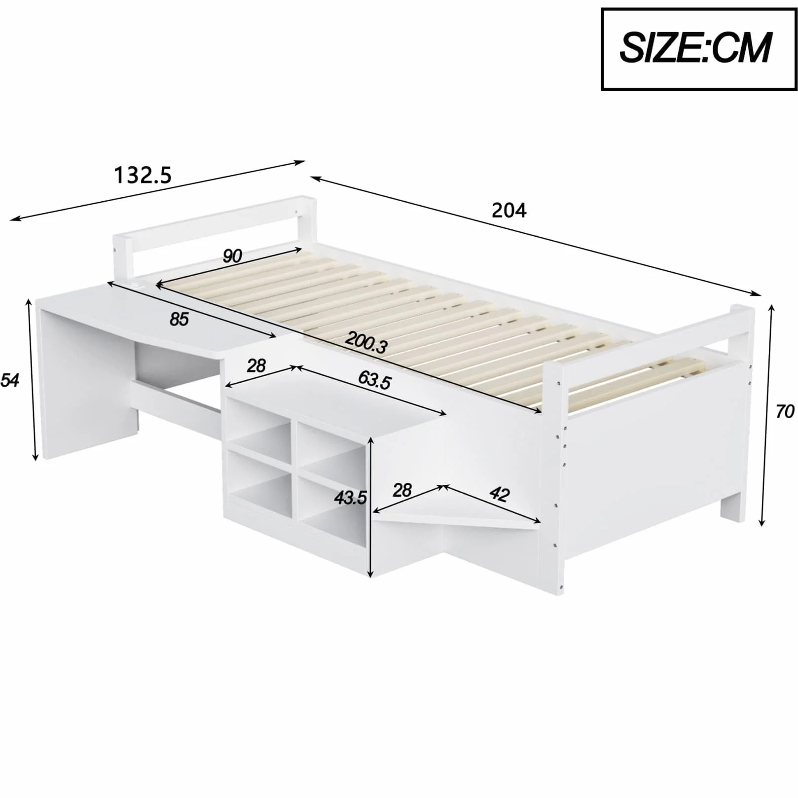 Lit Une Place 90x200cm,Lit 1 Personne avec Bureau,Prises électriques,4 Compartiments de Rangement,Sommier à Lattes Solide,pour Garçons Filles(A-Blanc, 90x200)