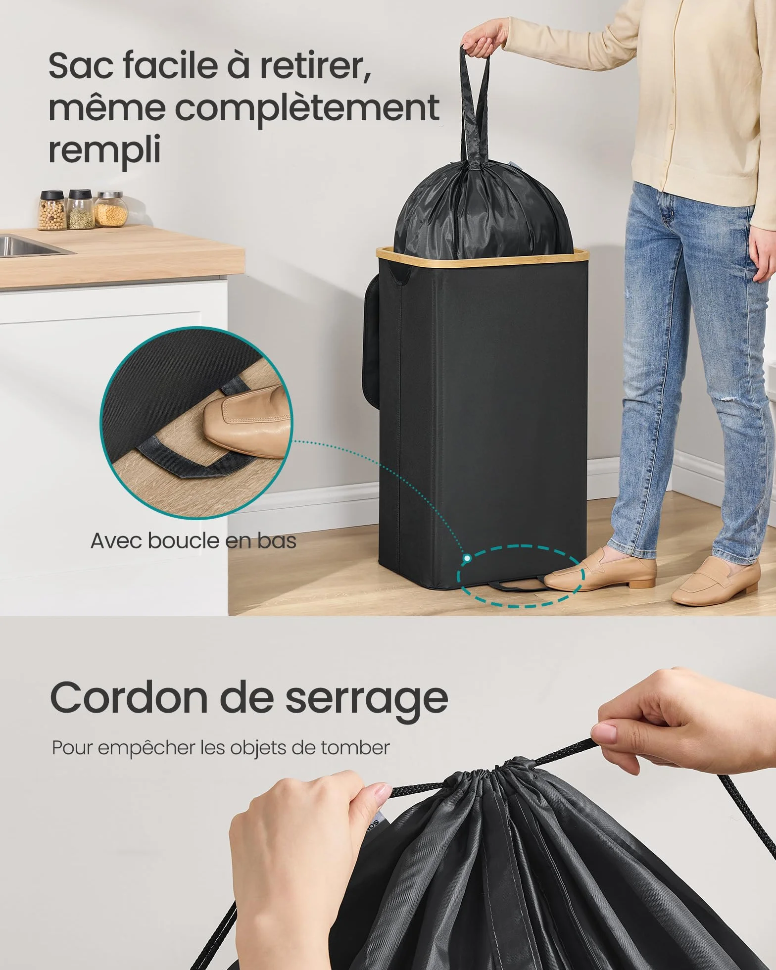 SONGMICS Poubelle de Recyclage 95 L pour Bouteilles et Canettes, avec Couvercle et Sac, Noir d'encre et Beige Naturel