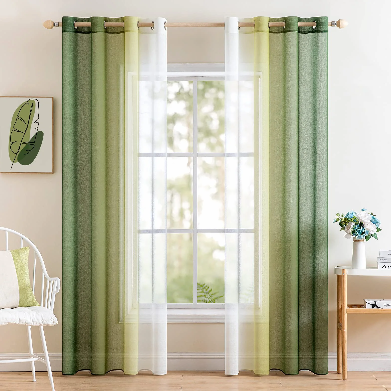 MIULEE Lot de 2 Rideaux Dégradé à Oeillet Voilage Polyester Transparent pour Fenêtre Salon Chambre Blanc Olive 140x245 CM