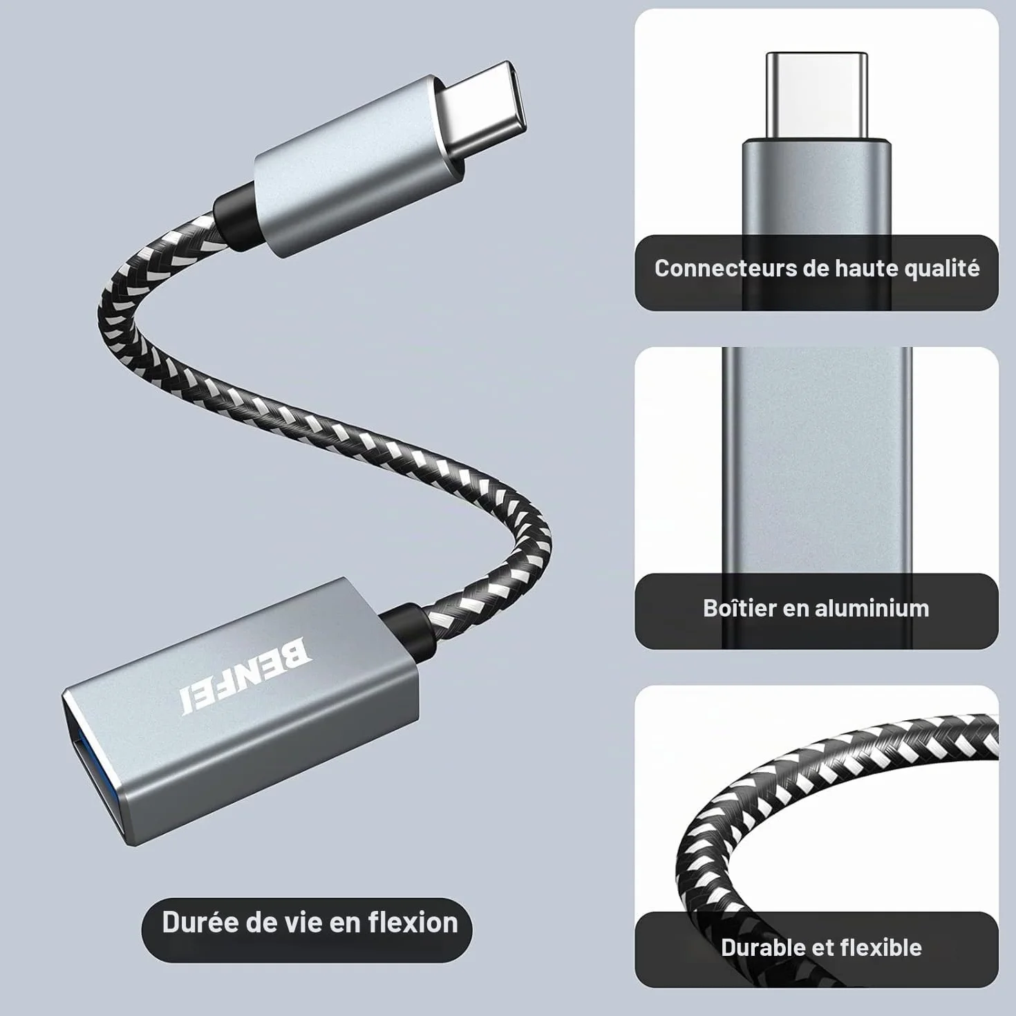BENFEI Adaptateur USB C vers USB 3.0 Pack de 2, Type-C vers USB, Aluminium, Nylon, Compatible iPhone 16/15 MacBook Samsung Galaxy S8/S9, Gris