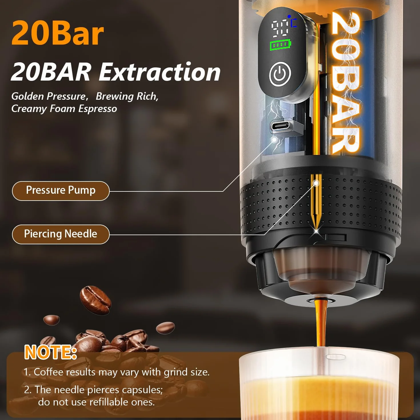 Machine à Café Portable, 3 En 1 Cafetière Portable, 20Bar Mini Machine àcafé Auto-Chauffante, Rechargeable, compatible avec capsules et café moulu, pour Voyage, Randonnée, Camping, Voiture, Maison