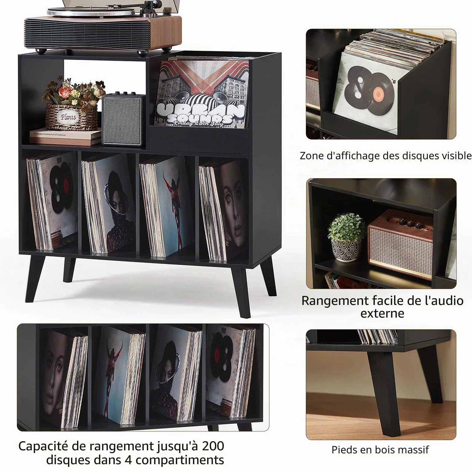Großer Plattenständer mit Aufbewahrung,Plattenspieler-Ständer mit Ablage,Vinylplatten-Halterung mit Präsentationsfläche,Plattenständer für bis zu 300 Alben, Plattenregal für Musikzimmer und Wohnzimmer