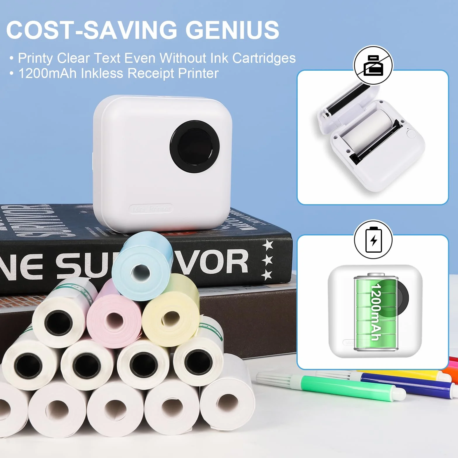 Imprimante Photo Portable sans Fil BT, Mini Imprimante Thermique Instantané, pour Photos et Étiquettes