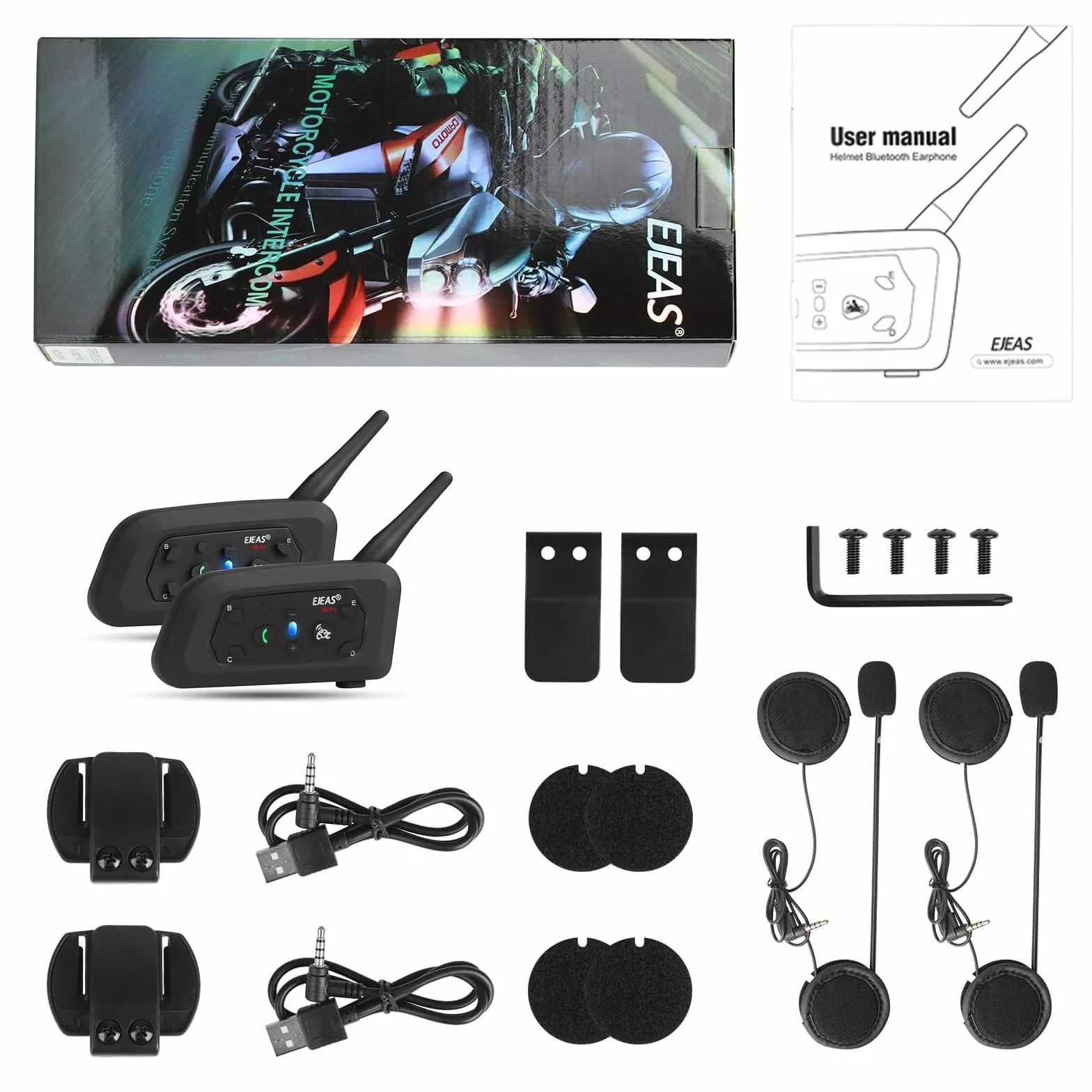 EJEAS V6 Motocyklowy interkom Bluetooth, 1200m Motocyklowe Zestawy Słuchawkowe Bluetooth, System Komunikacji z Wodoodpornym, GPS, DSP Redukcja szumów, USB-C (2 szt.)
