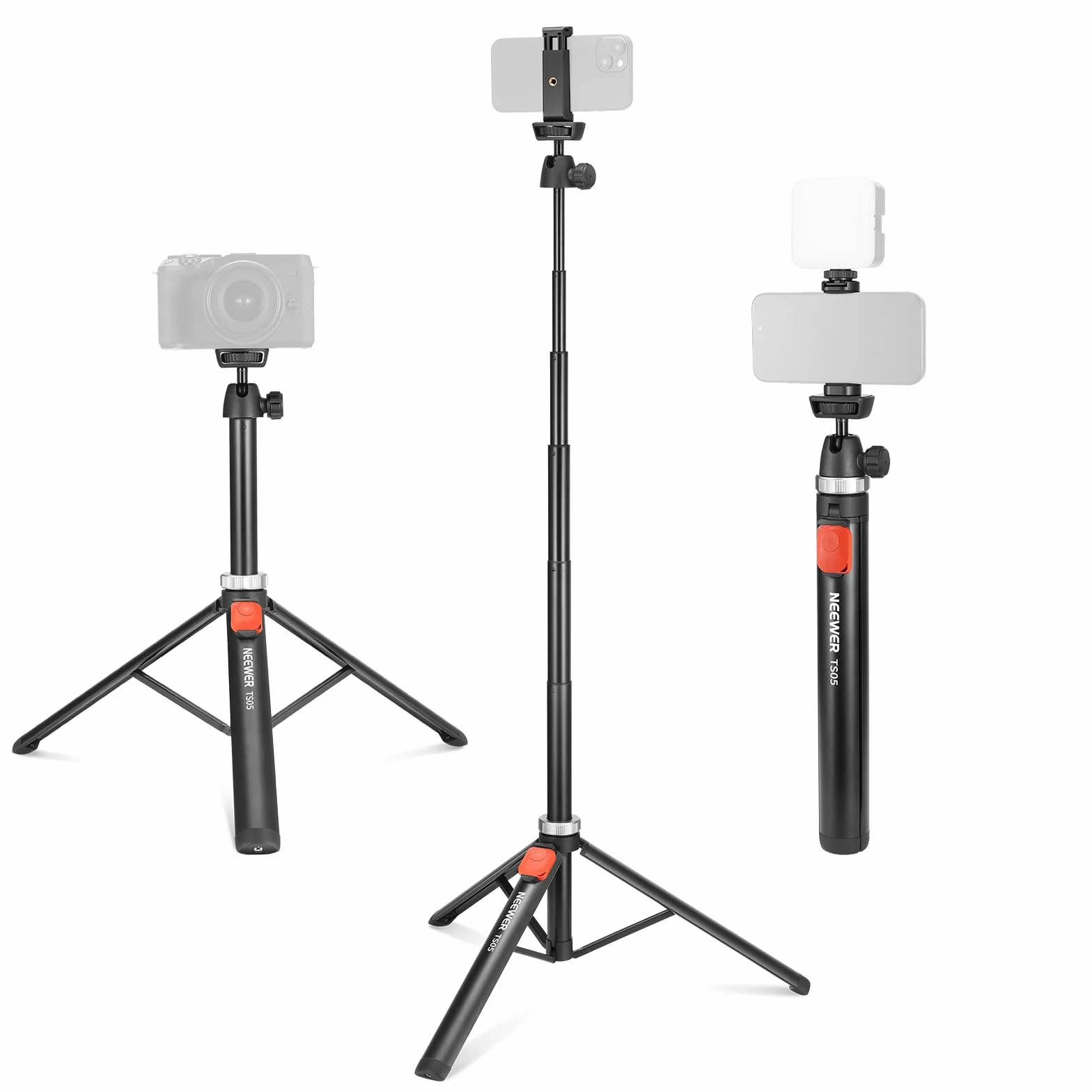 NEEWER Statyw do telefonu komórkowego i aparatu z pilotem, 159.8 cm, całkowicie metalowy kij do selfie, podróżny, vlog, statyw do iPhone'a z uchwytem, przenośny statyw do aparatu Canon Sony DLSR GoPro
