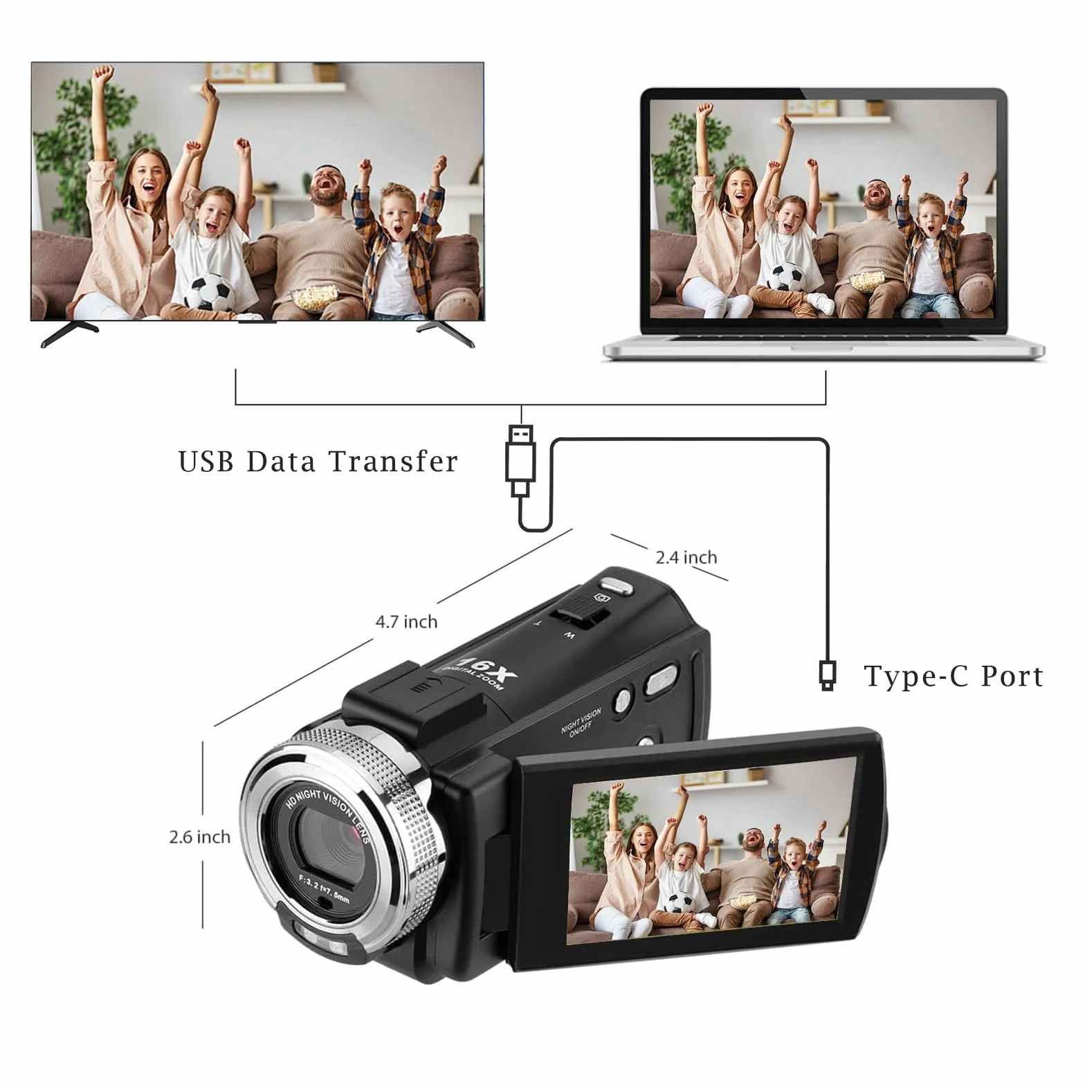 ORDRO Kamera wideo V12 Full HD 1080P 30FPS kamera noktowizyjna na podczerwień, ekran LCD 16-krotny zoom, z pilotem zdalnego sterowania z kartą pamięci 16 GB i 2 bateriami