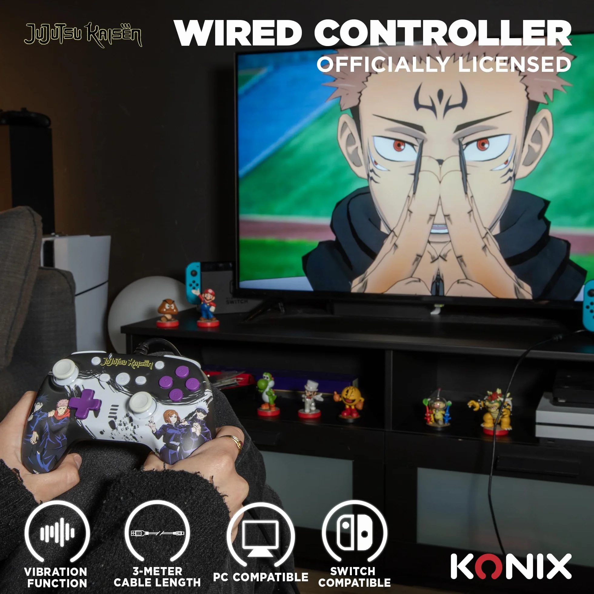 Konix Jujutsu Kaisen Manette filaire pour Nintendo Switch, Switch 2 et PC - Noir - Câble 3 m