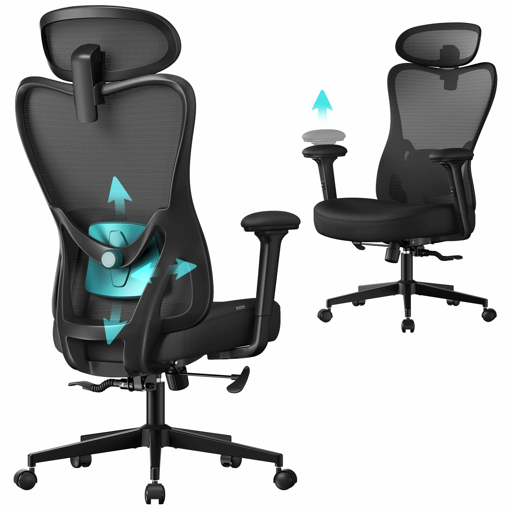 SONGMICS Chaise de Bureau Ergonomique Fauteuil Soutien Lombaire Réglable 150 kg Noir